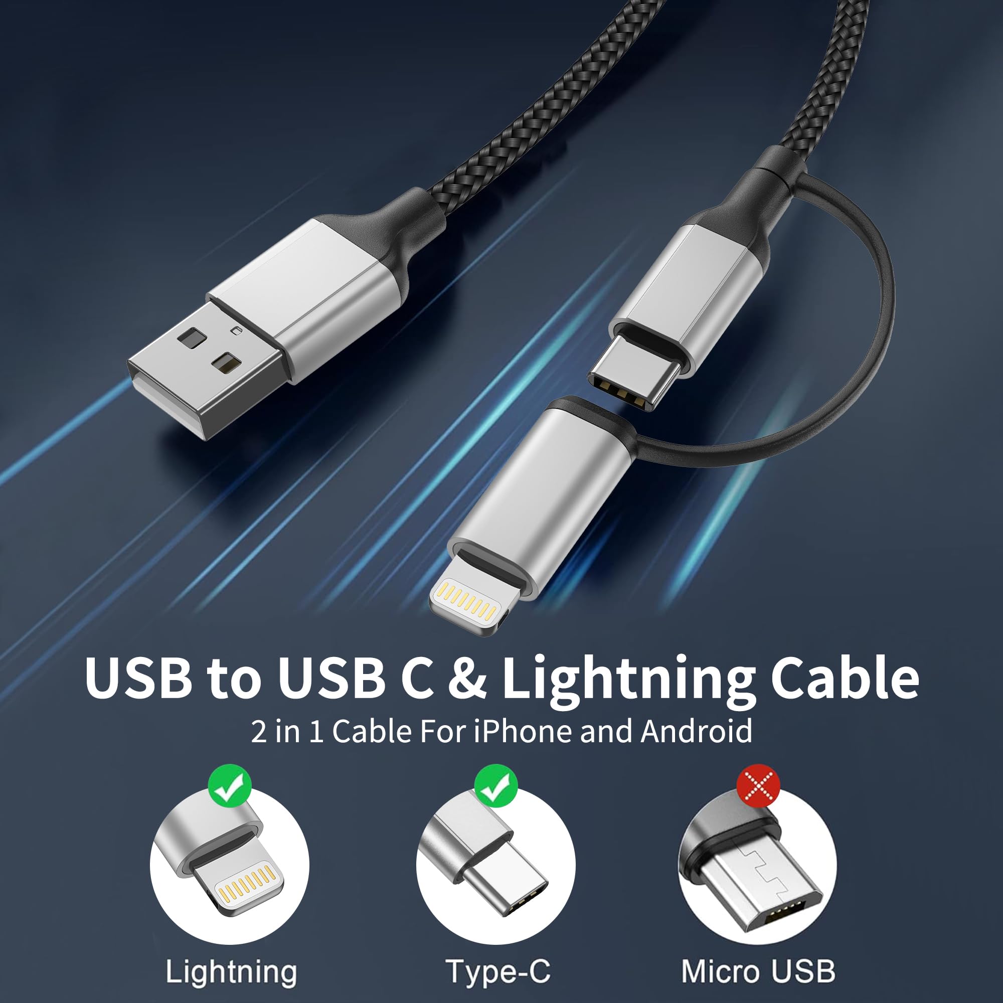 Kabel USB C 1,5 m, 2 w 1, kabel do szybkiego ładowania, USB A na USB typu C i kabel Lightning do ładowania iPhone'a, Samsung, Huawei, Xiaomi, OnePlus, Google, czarno-szary