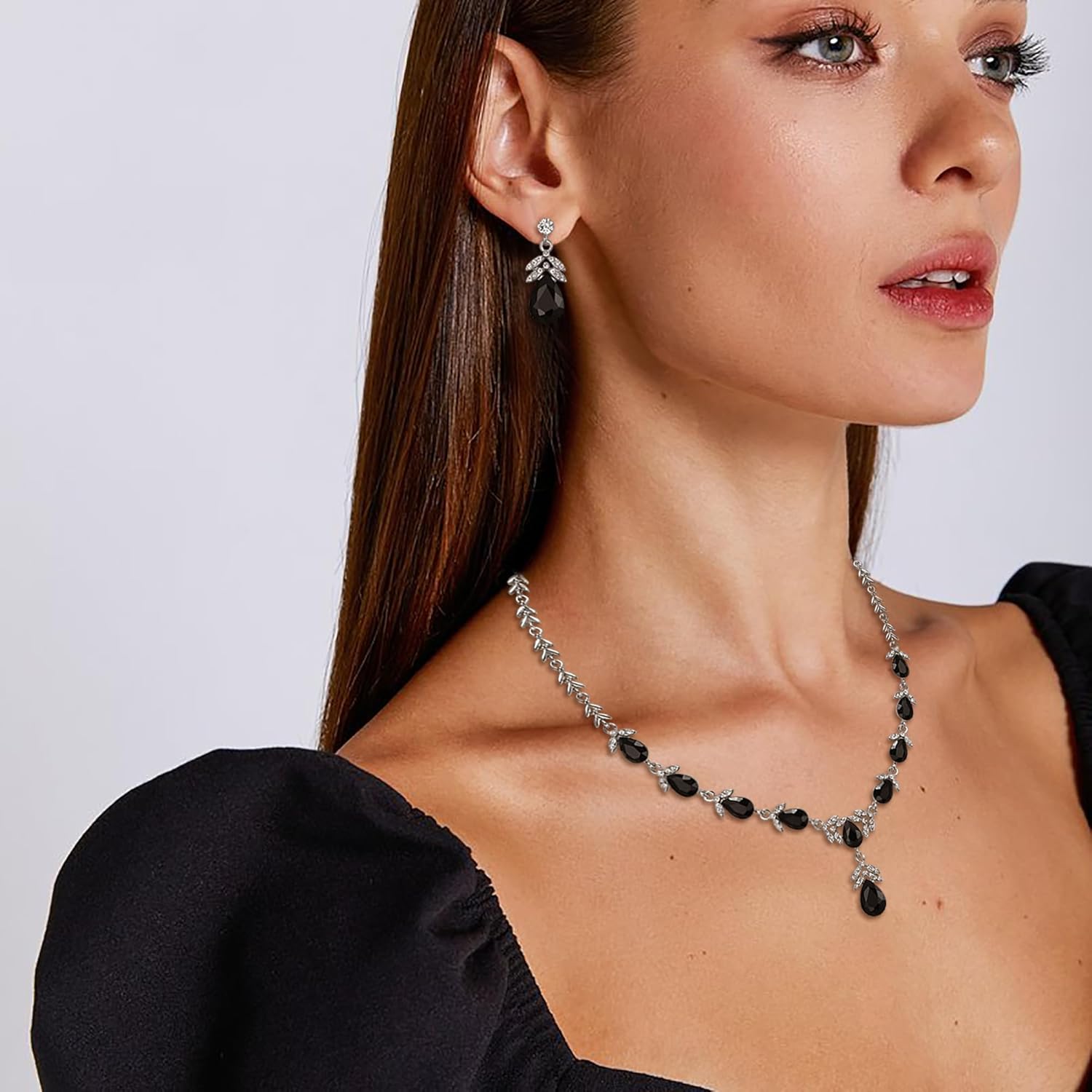 Crysdue Elegance Leaf Wedding Jewelry Set for Women Bridal Bridemaid, Austrian Crystal Teardrop Necklace Dangle Earrings for Prom Party - Image 3