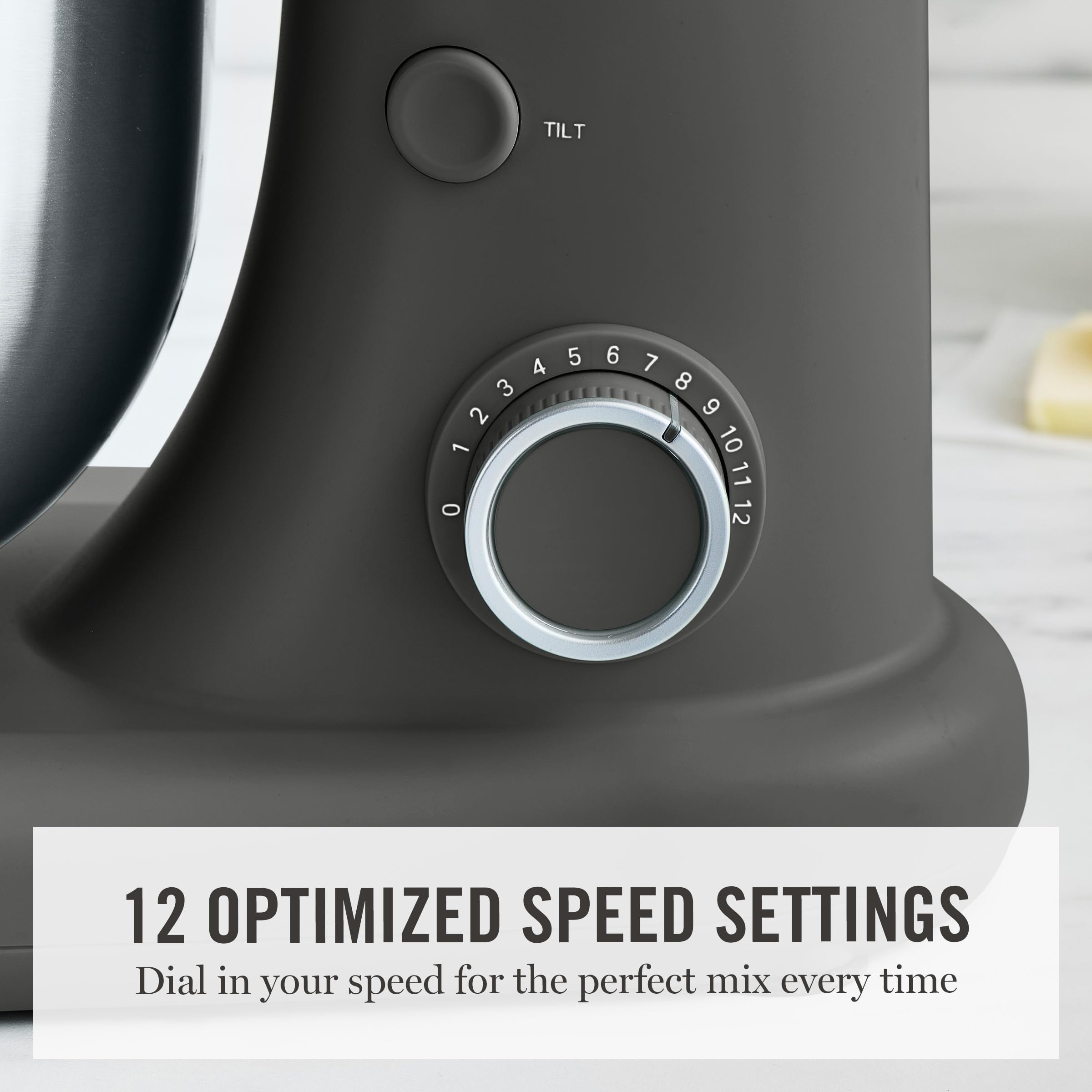 Martha Stewart Stand Mixer, 12 Speed, Tilt-Head, 5.3QT Stainless Steel Bowl, Splash Guard with Pour Chute, Whisk, Dough Hook, Flat Beater, Electric Kitchen Baking Mixer, Bread, Cake, Whip, Caviar Gray - 4