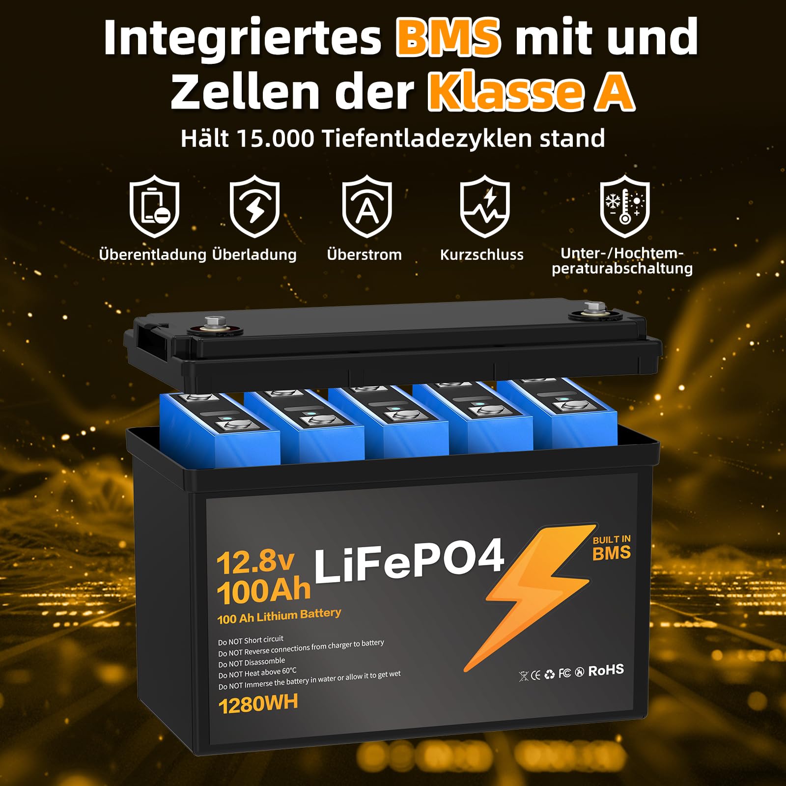 12V 100Ah LiFePO4 Batterie, BMS Integrado, 15000 Ciclos de Descarga Profunda Diseño ligero, Hogar Acampadas Autocaravanas Sistemas Solares Embarcaciones.