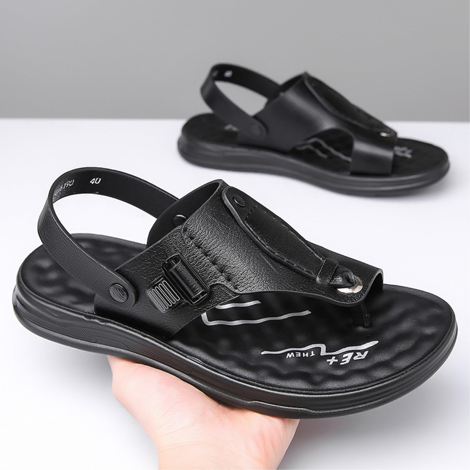 Infradito Sandali da Uomo Regolabili A Due Indossamenti in Pelle, Flip Flops Versatili per Uso Casual E Quotidiano-black-46
