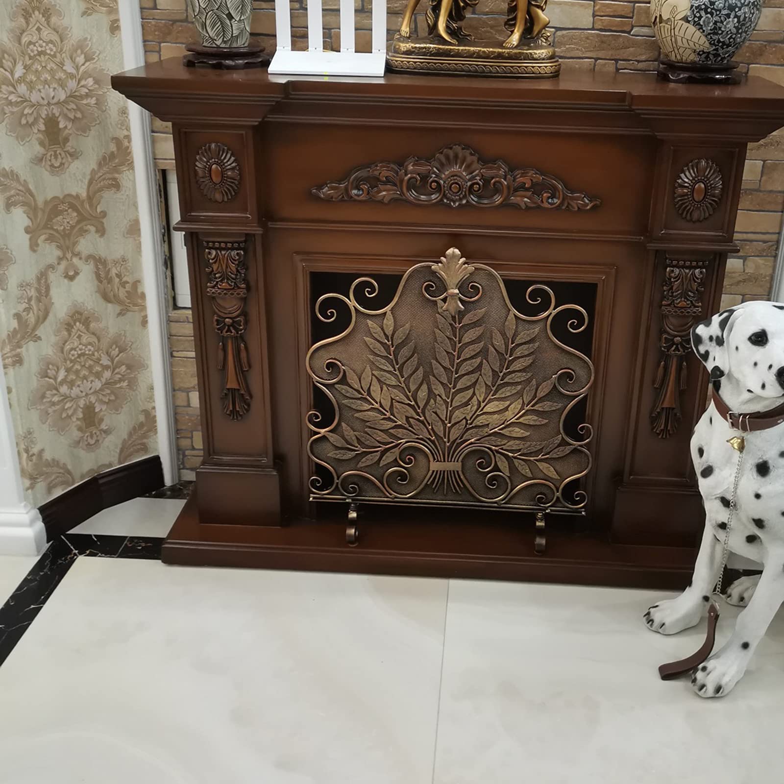 Osłona przeciwpożarowa w stylu vintage, z liśćmi, ochrona przed nagrzewnicą gazową, wewnętrzna dekoracja zewnętrzna/ozdobna, do kominka, palników drewnianych, bezpieczeństwa dla dzieci