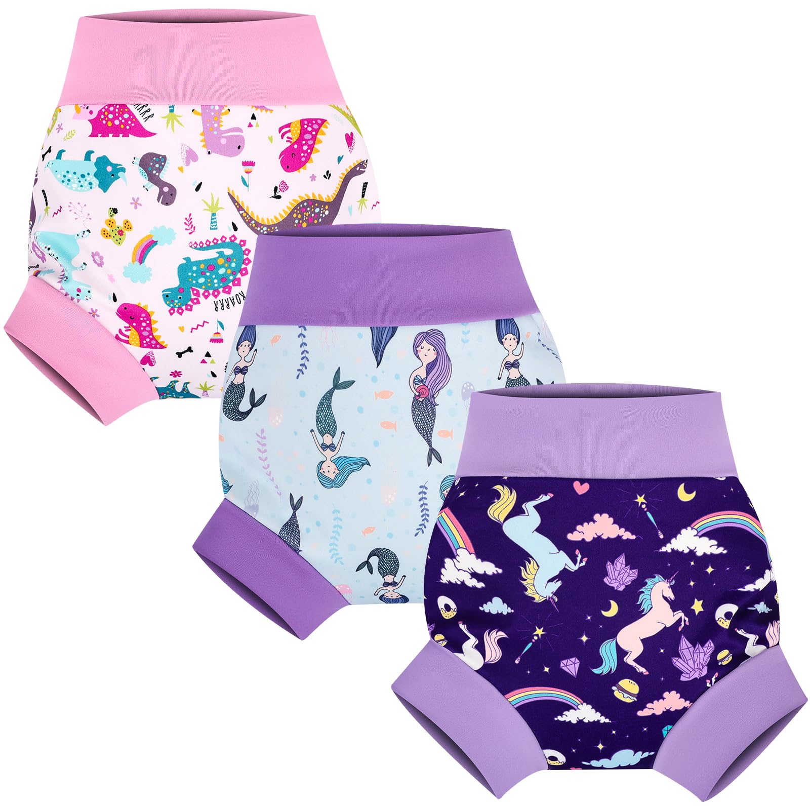 FLYISH DIRECT Couche de Bain bebe Lavables, Imperméable Couche de Piscine pour Enfant Réutilisable, 3 Paquets Anti-fuite Culotte de Bain Réutilisable pour Bébé, 3-4 ans, Arc-en-ciel