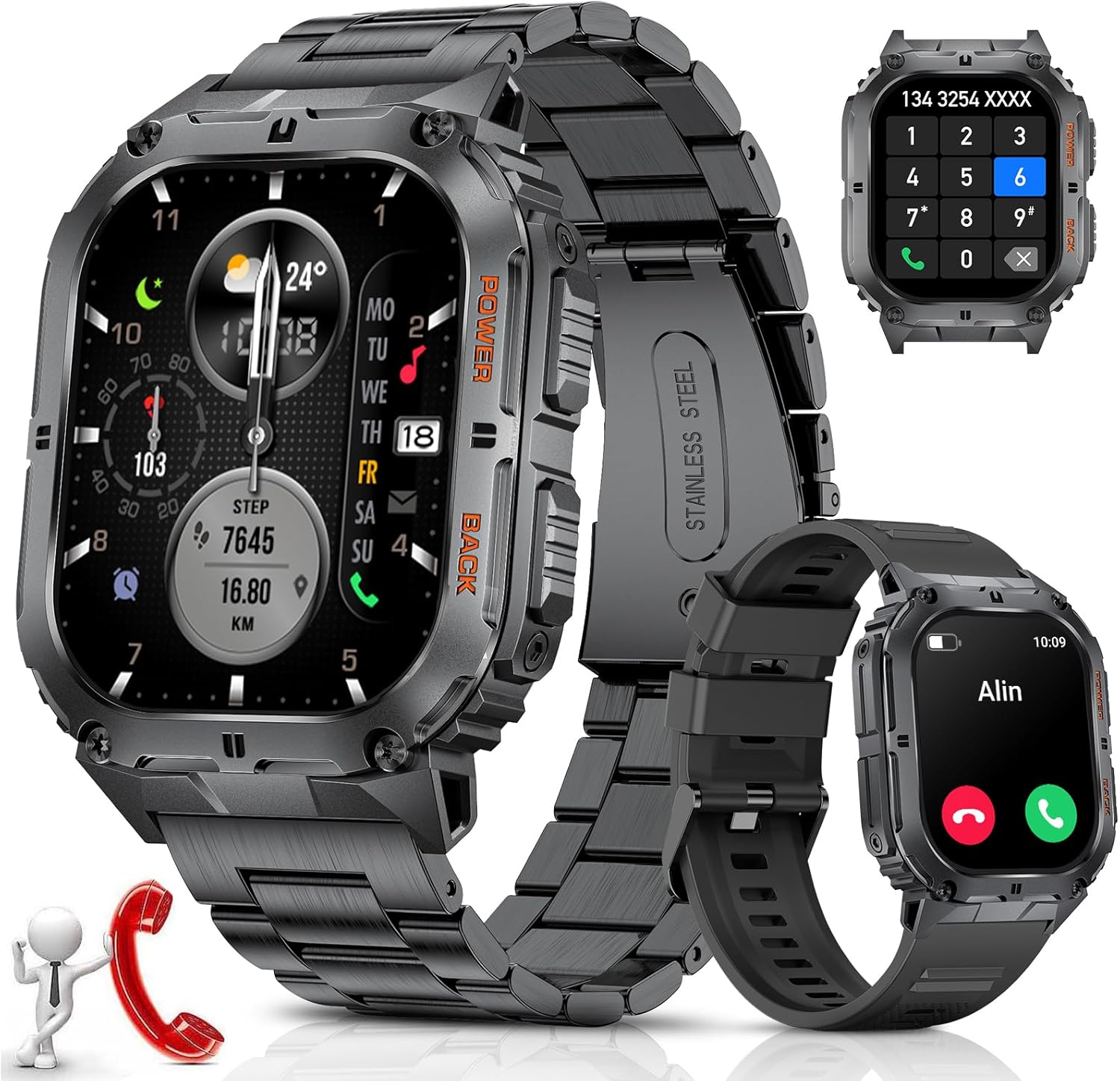 SZHELEJIAM Smartwatch for Lady Men with Phone Function, 1.43 AMOLED Smartwatch, Fitness Watch with Blood Oxygen, Blood Pressure Monitoring, Heart Rate, 100 Sports Modes, Pedometer for Android iOS