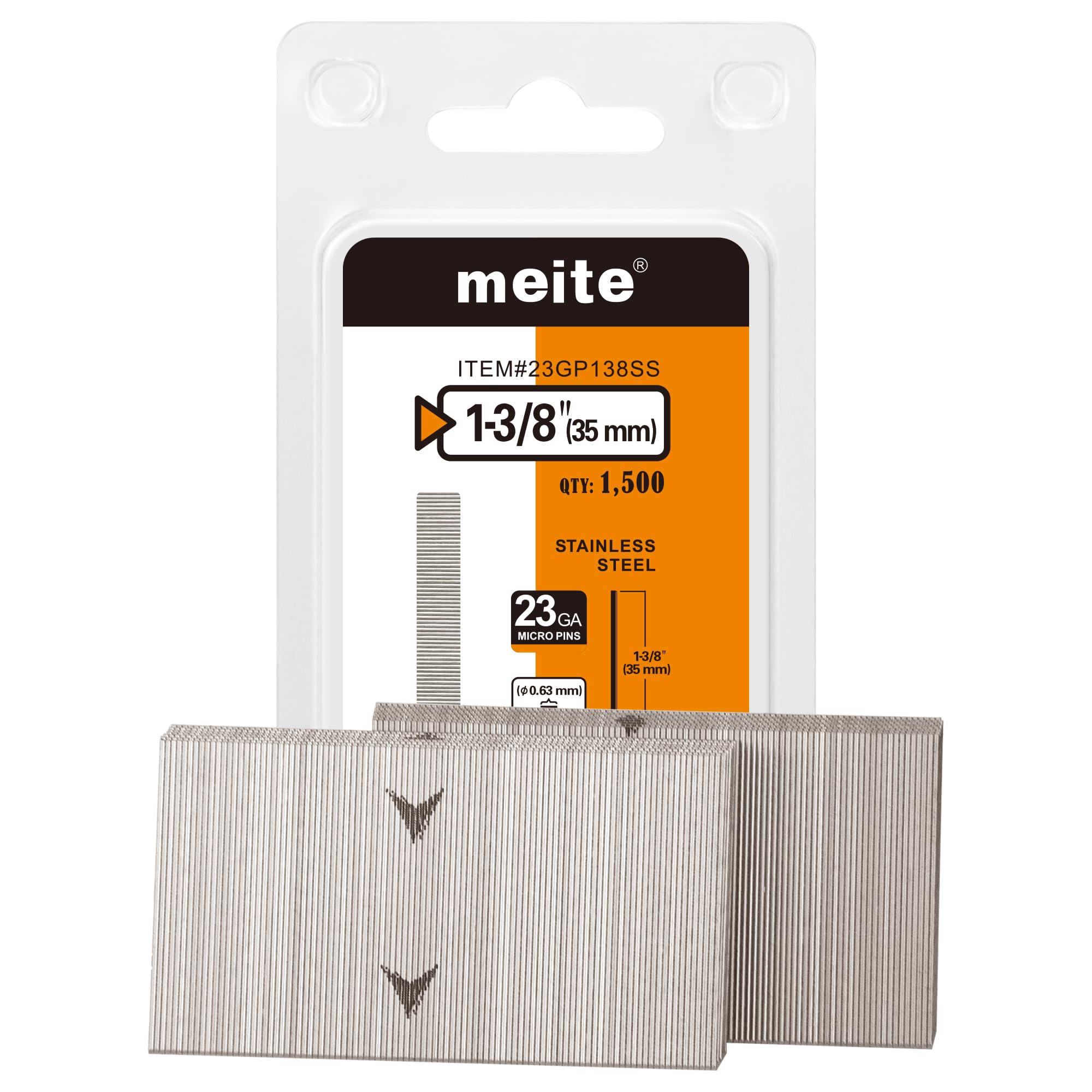meite 23 Gauge Pin Nails, 304 Stainless Steel Headless Nails for Nail Gun, 35 mm Micro Pin Nails for Trim, Craft & Woodworking, 1,500-Counts — image 1