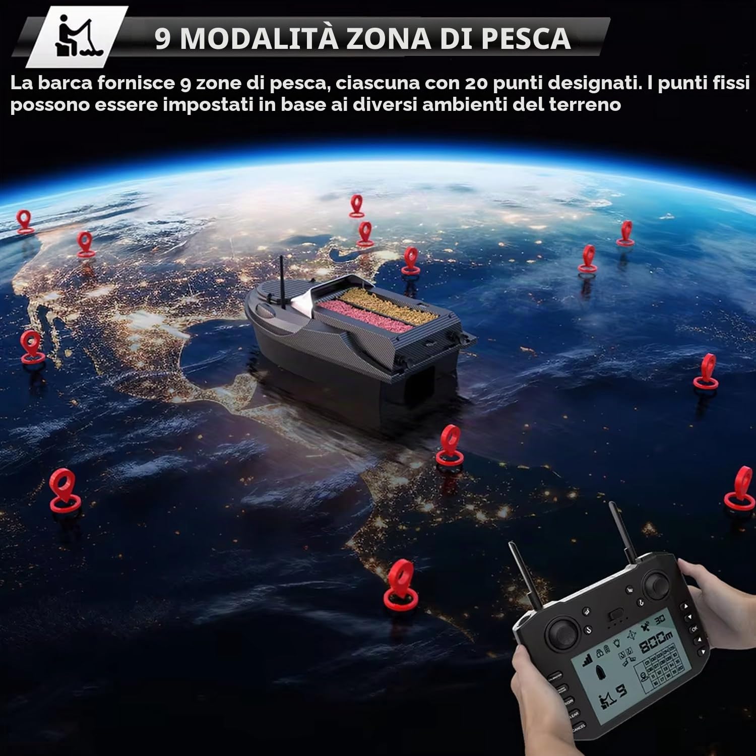 Barca Esca da Pesca RC con GPS ed Ecoscandaglio, Bait Boat Telecomandata, 180 Waypoint, Controllo 800 m, Serbatoi Esca 3 kg, Ritorno Automatico, Rilascio Amo e Rete, Nera