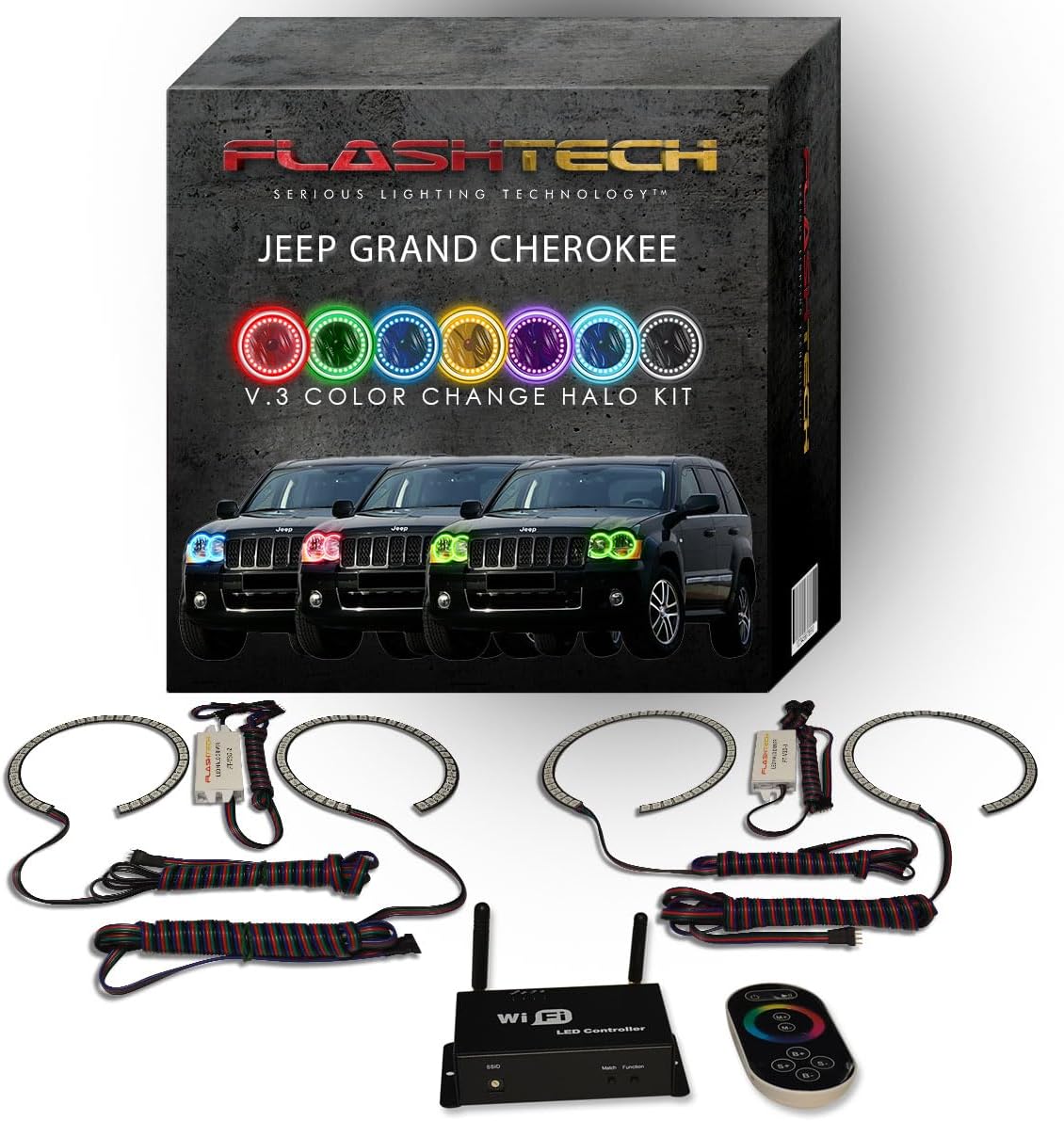 Flashtech RGB LED Halo Ring Accent Light Kit Compatible with Jeep Grand Cherokee (2005-2010) Headlight Housings - App + RF Remote