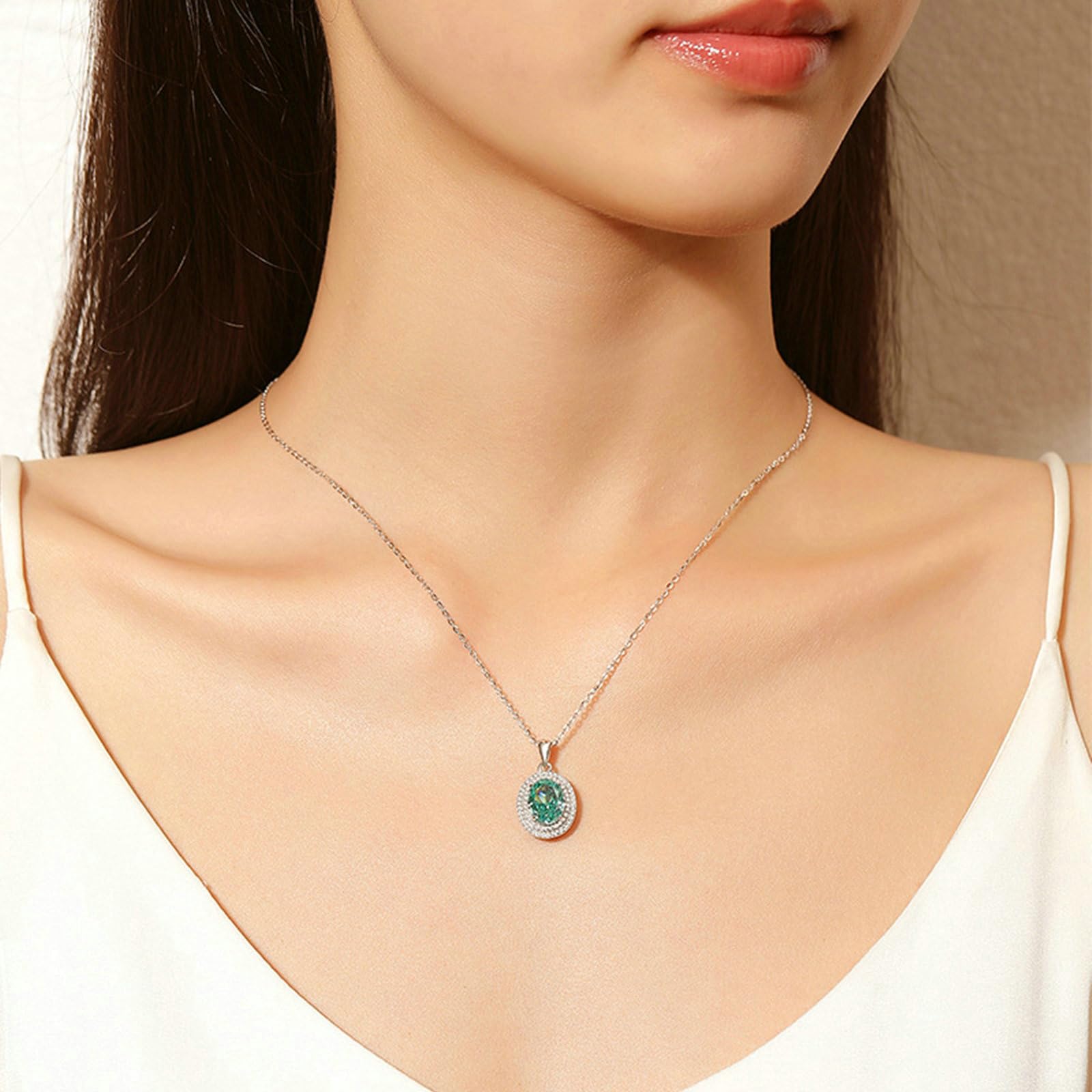 Collar de mujer de oro blanco 585 de 14 quilates, cadena de 45 cm, colgante de oro blanco con colgante de halo con paraiba topacio padparadscha tanzanita 3ct y moissanite collar para bodas