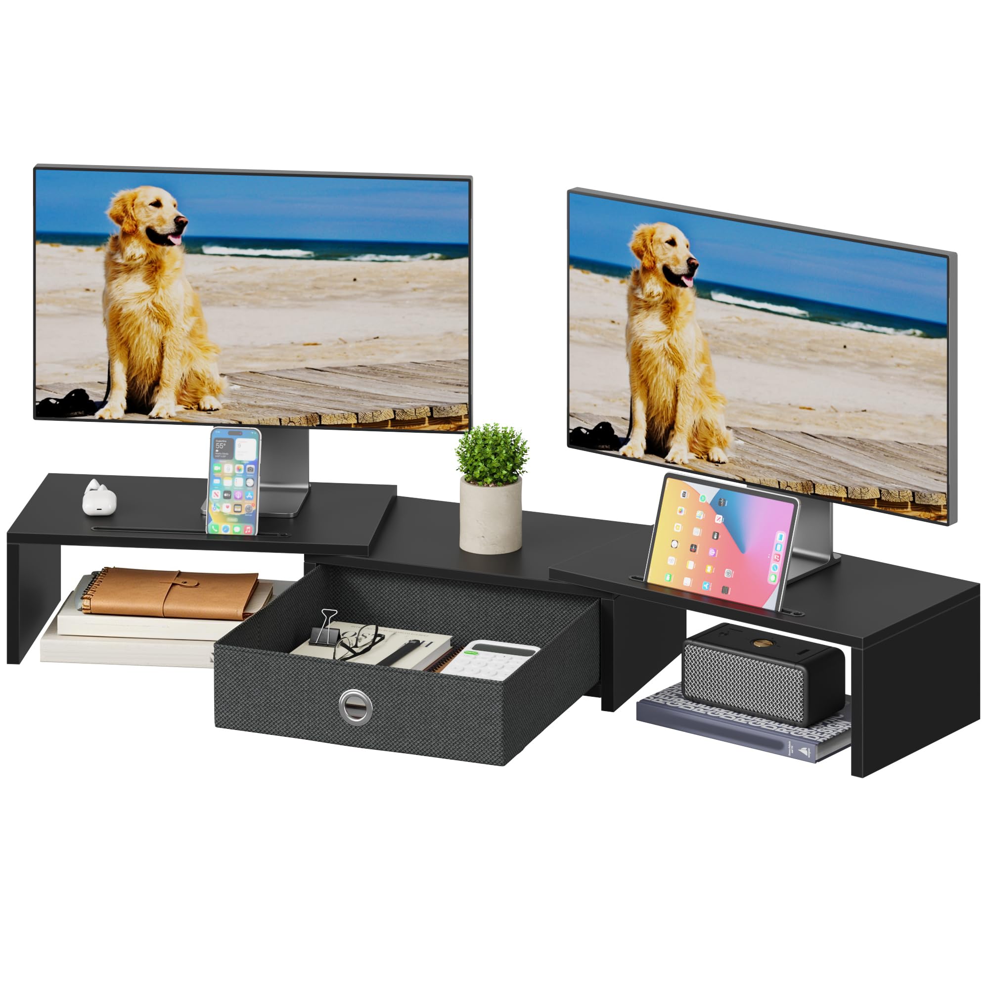 OYRREU Monitor ErhöHung Schreibtisch, Monitor Stand Monitorständer mit Schublade BildschirmerhöHung Holz Monitor Riser TV PC Ständer MonitorerhöHung 2 Monitore