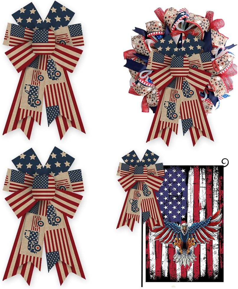 ALIBBON 2 Pcs Patriotic Bows for Wreath, 4th of July Day Wreath Bows, American Flag Truck Wreath Bows for Front Door, 4th of July Decor, Labor Day Burlap Bows for Wreath Indoor Outdoor Decorations