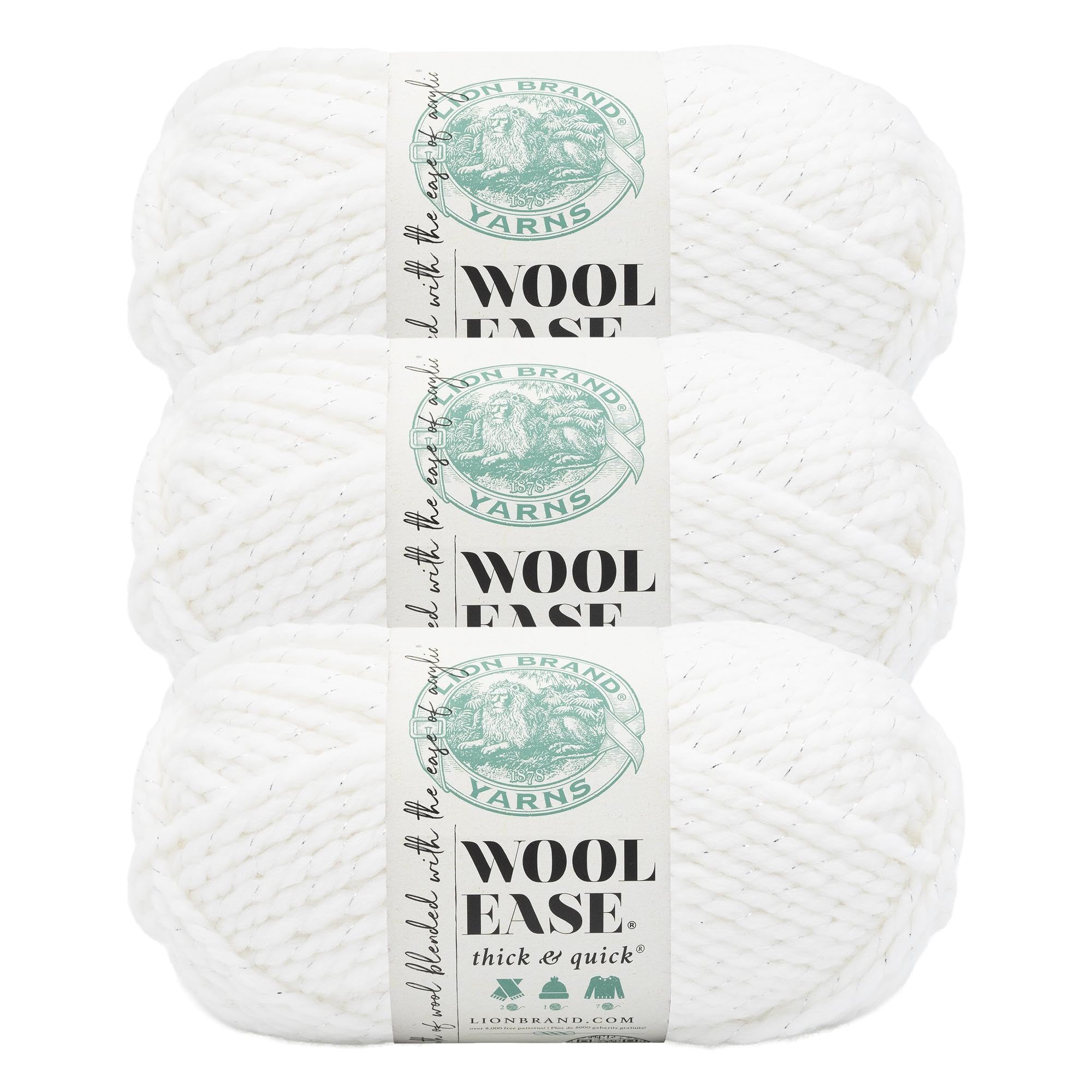 Lion Brand Yarn, Wool-Ease Thick &amp; Quick, Diamond, White Metallic, 3 Pack