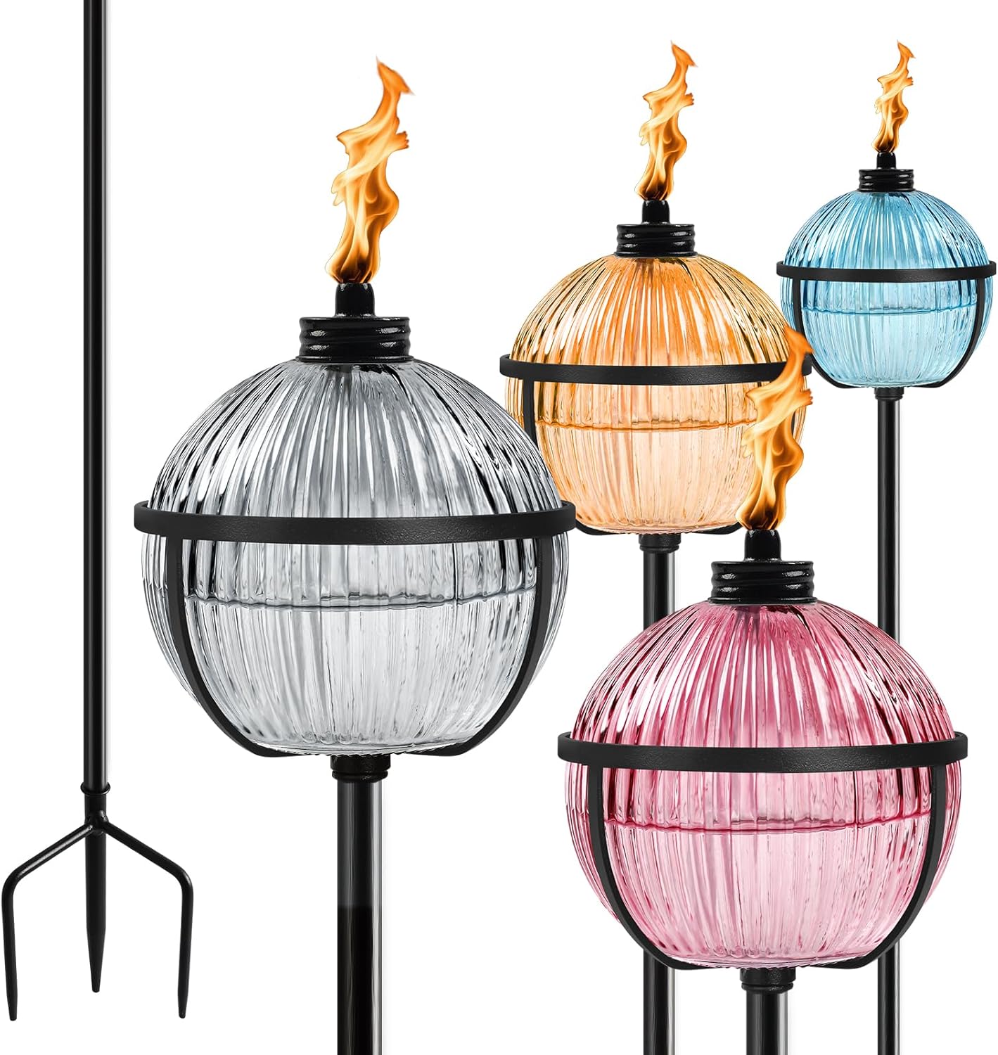 Citronella Torches Set of 4, Large Capacity 16 oz Outdoor Glass Torch Garden Décor，58.6 - Inch Upgraded Citronella Torches with 3-Prong Grounded Stake for Yard, Patio, Gatherin