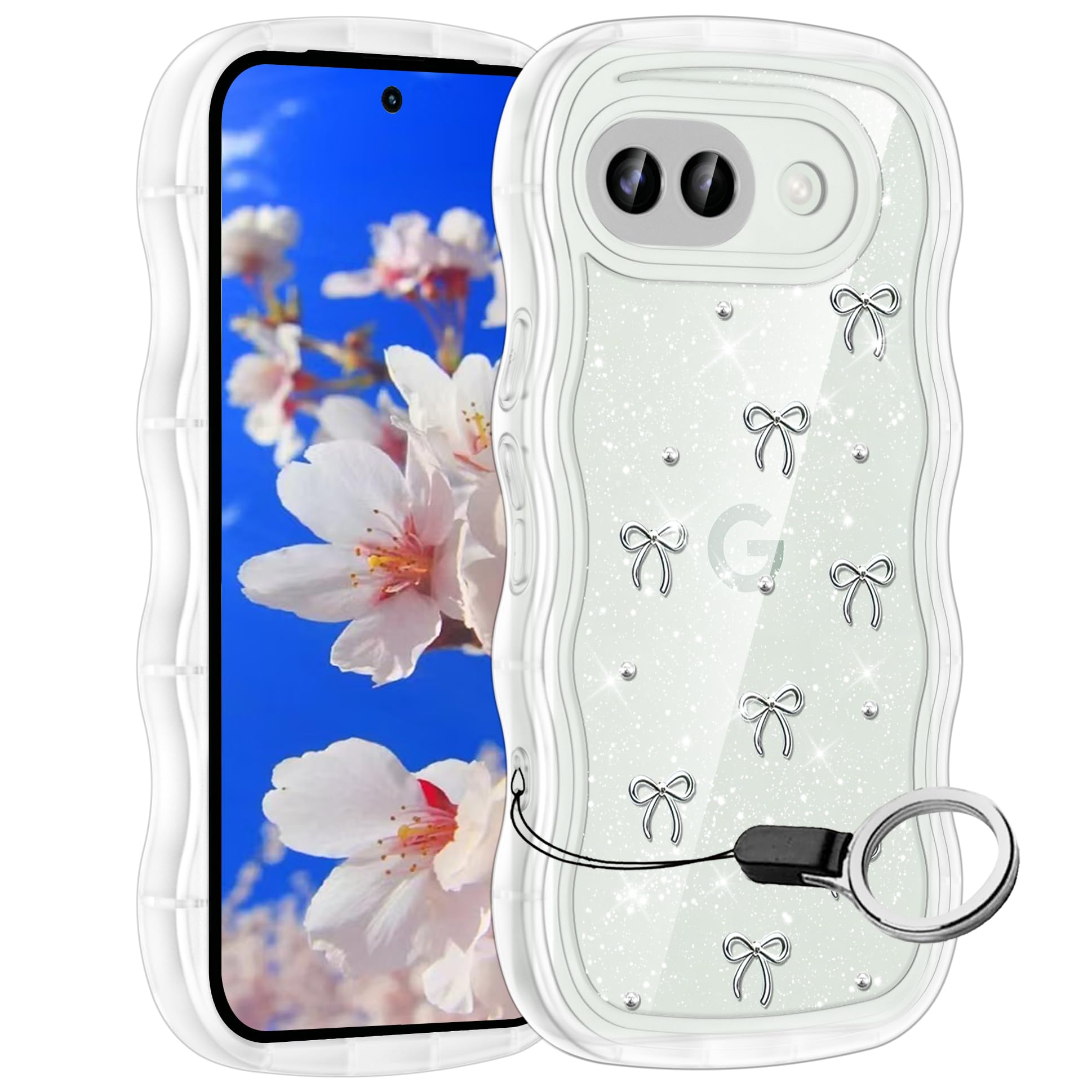 Google Pixel 10A用ケースリング付き グーグル ピクセル10A ウェーブ 可愛い マツと感 TPU 耐衝撃 超軽量 極薄 黄ばみなし 滑り止め かわいいうねうね 韓国 人気 ストラップホール付きなみなみ カバー・クリア/シルバー