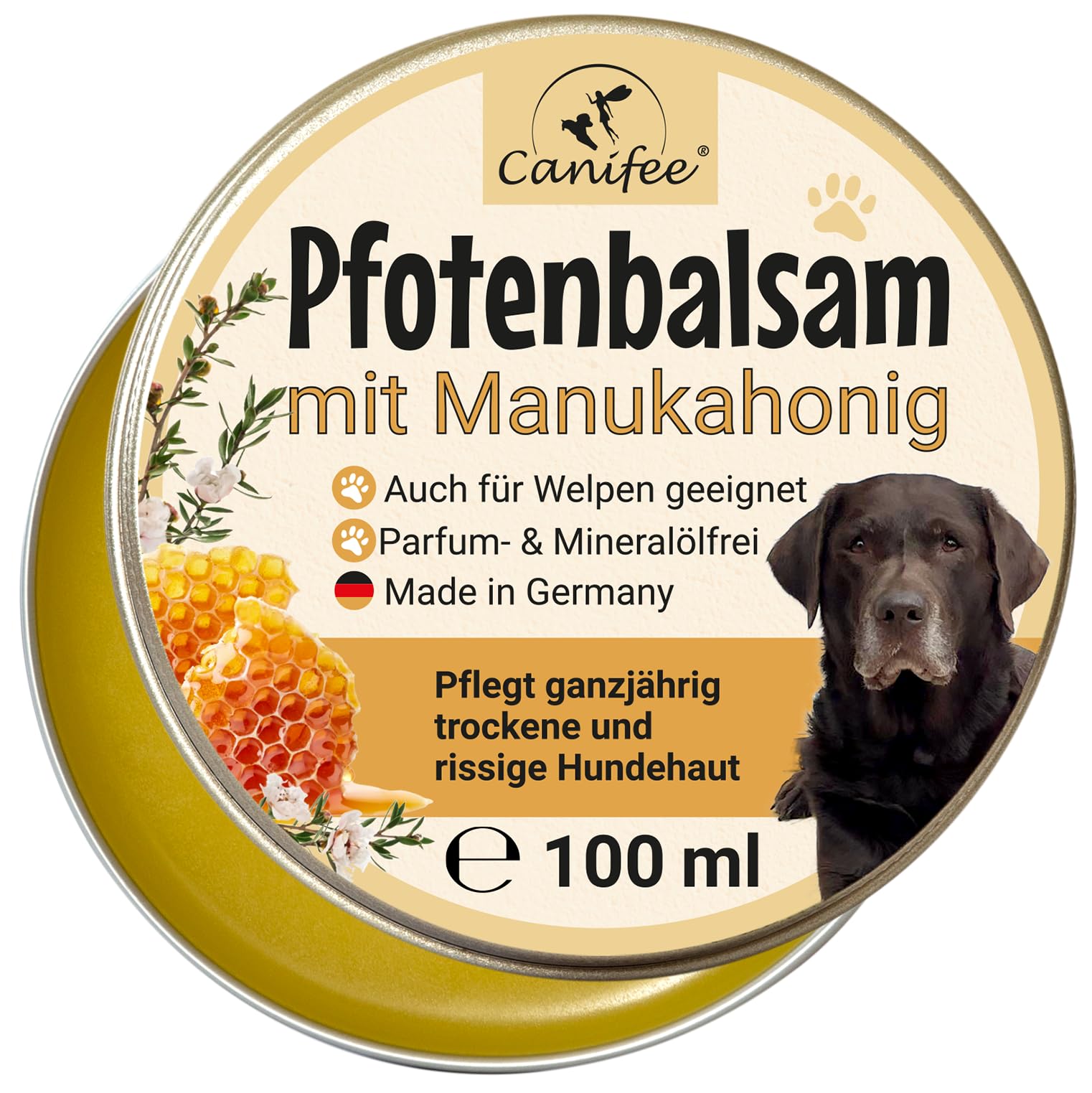 Pfotenbalsam Hunde mit Manukahonig 100ml Dose parfumfrei mineralölfrei die ideale Hunde Pfotenpflege für Sommer und Winter