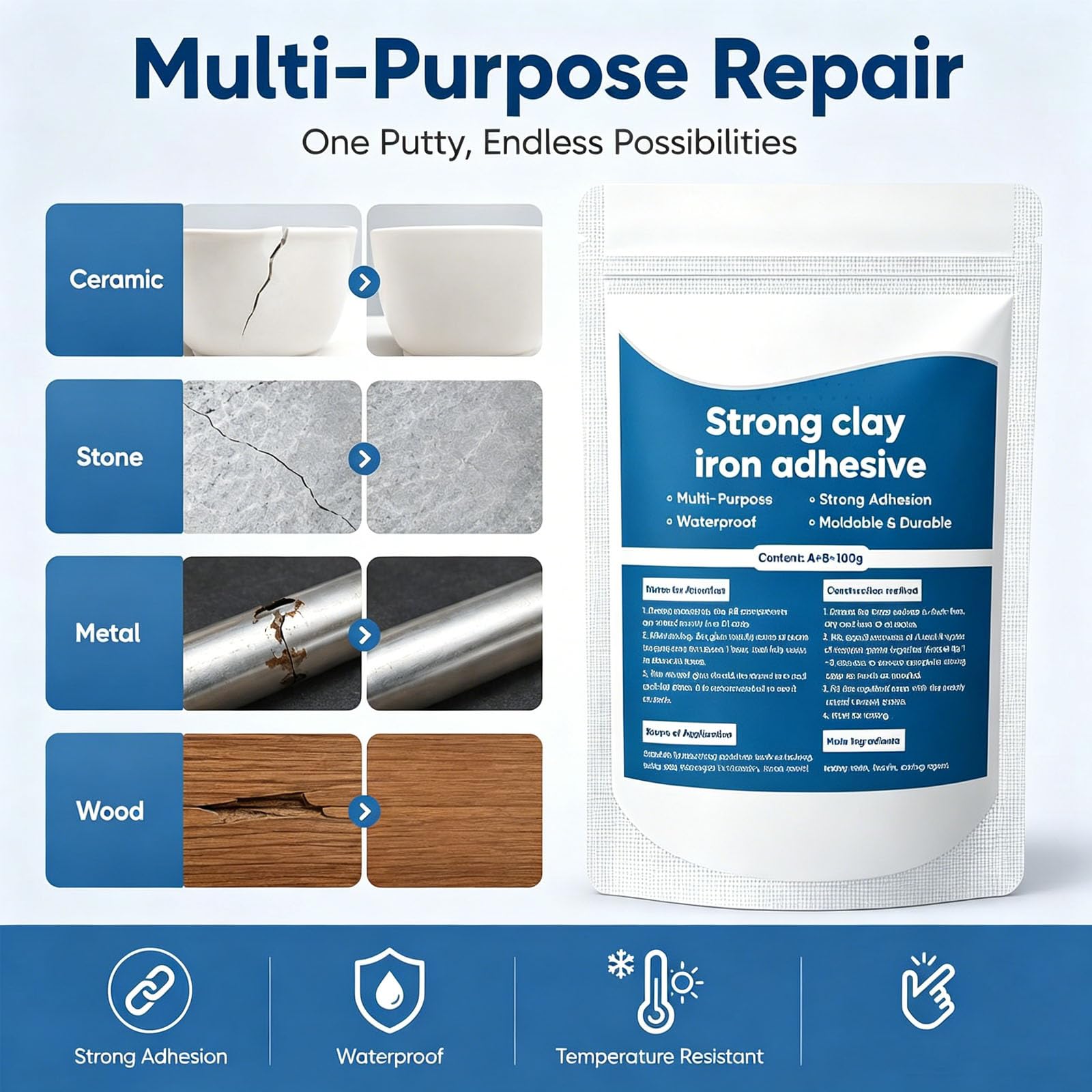 Argilla riparatrice multiuso ad alta resistenza, stucco riparatore multiuso ad alta resistenza, adesivo forte per argilla e ferro, stucco di riempimento bicomponente per riempire crepe (5Pcs)