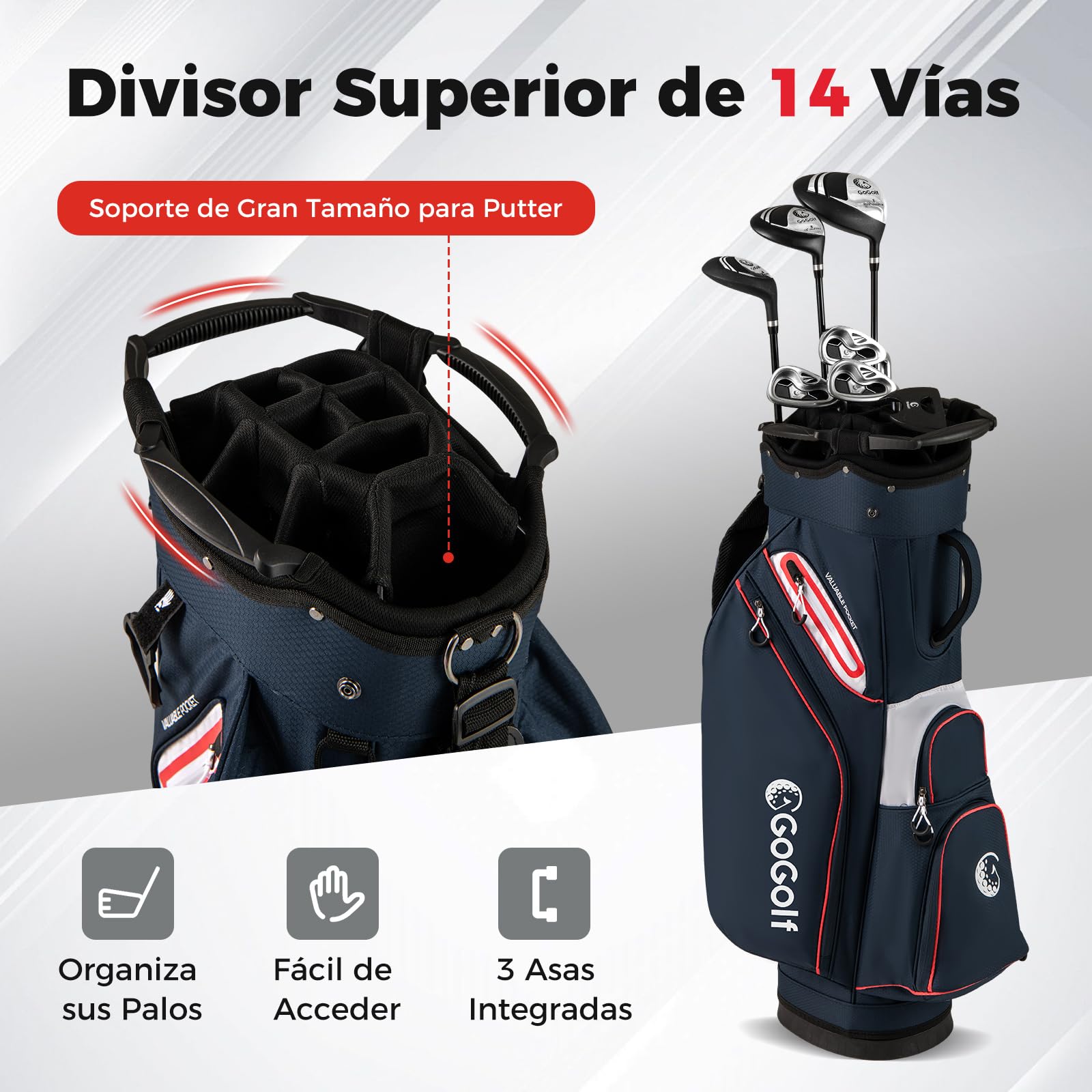 GYMAX Bolsa de Golf con 14 Divisores, Portátil para Organizar Palos con Funda Impermeable, 6 Bolsillos con Cremallera, Porta Toallas, Porta Guantes Paraguas
