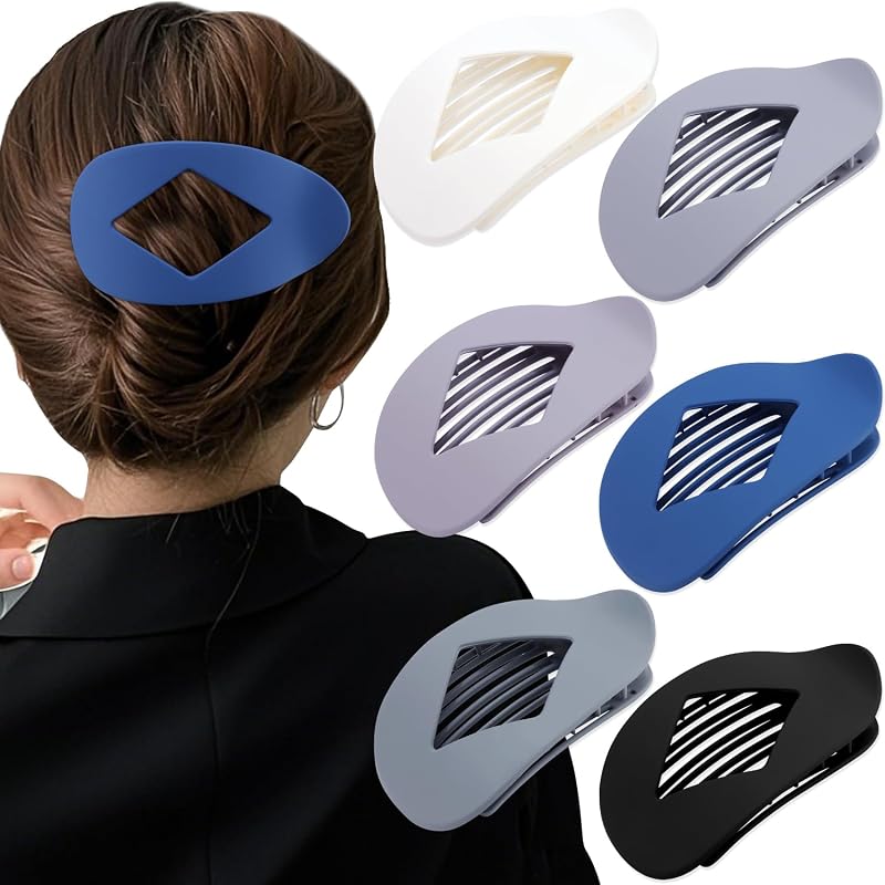 Atoden Large Flat Round Hair Clips Oval Claw Clips for Thick Medium Thin Hair 6Pcs Non Slip Strong Hold Barrettes Duckbill Accessories for Women Girls Matte Solid Color Grey Blue