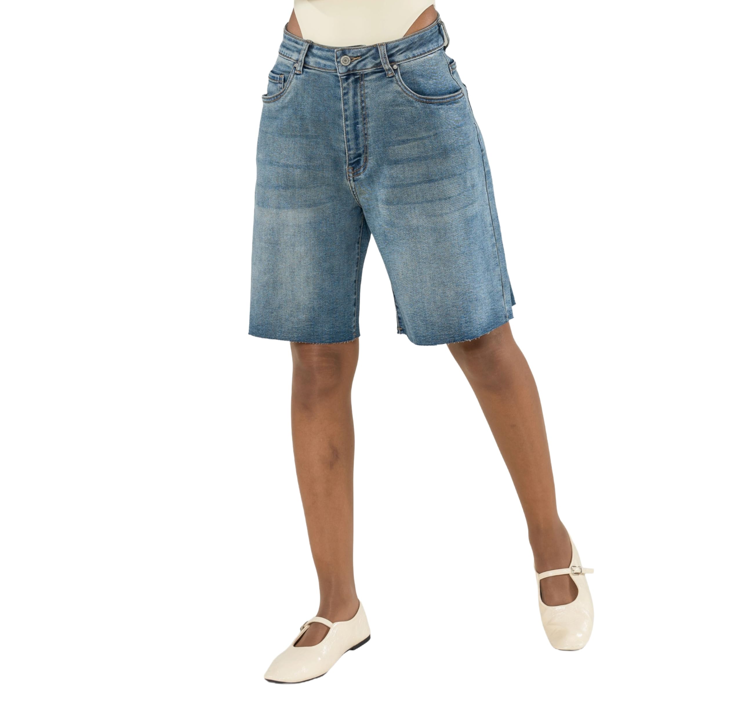 Nina Carter Short en jean pour femme P619 – Bermuda long en denim, coupe ample, ourlet effiloché, short d'été en jean stretch pour femme
