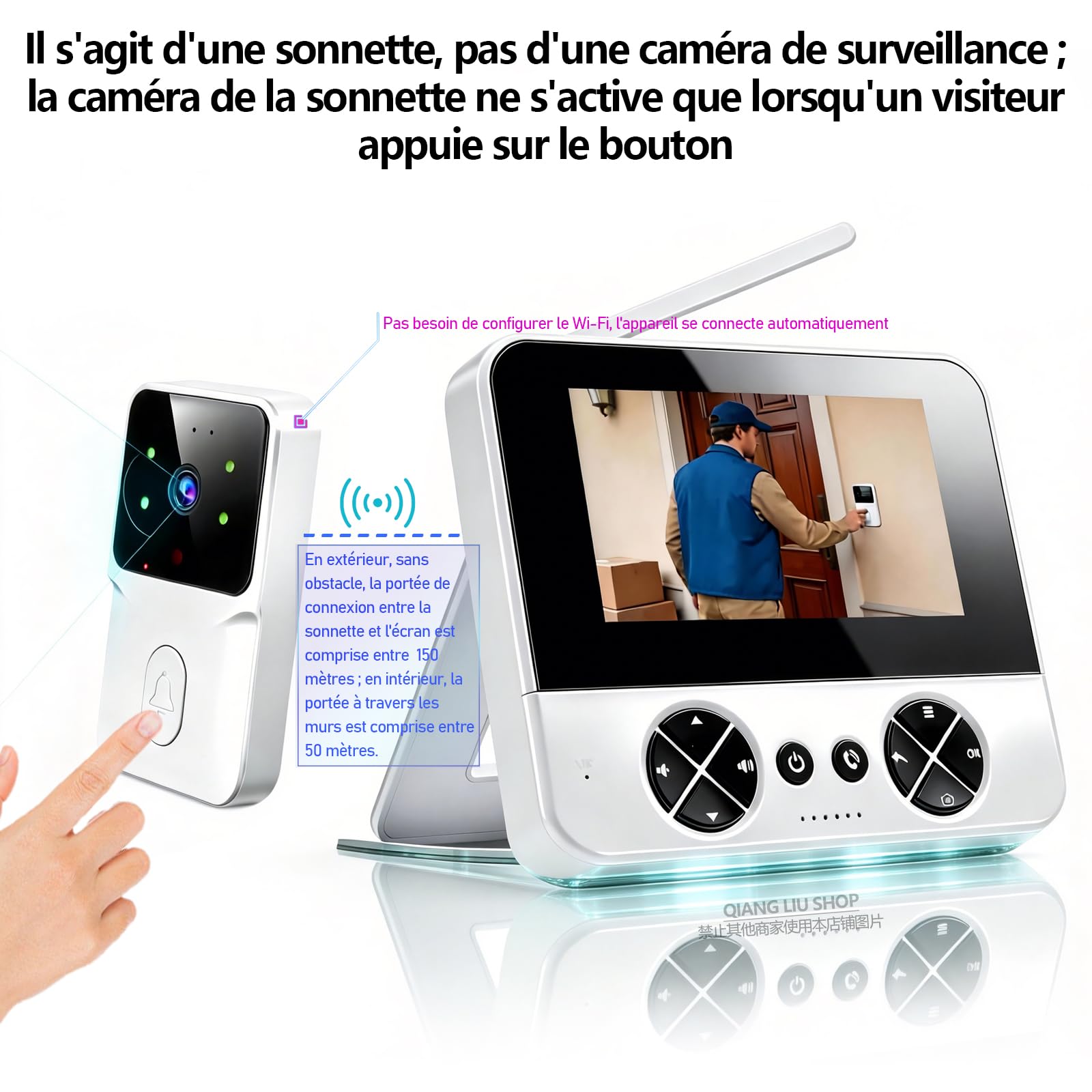 Écran de 4,3 pouces intelligente Sonnette sans Fil avec Caméra 1080P | Communication Bidirectionnelle,Vision Nocturne Infrarouge, Sans Application Ni Wi-Fi, IP65,Compatible avec les Cartes TF