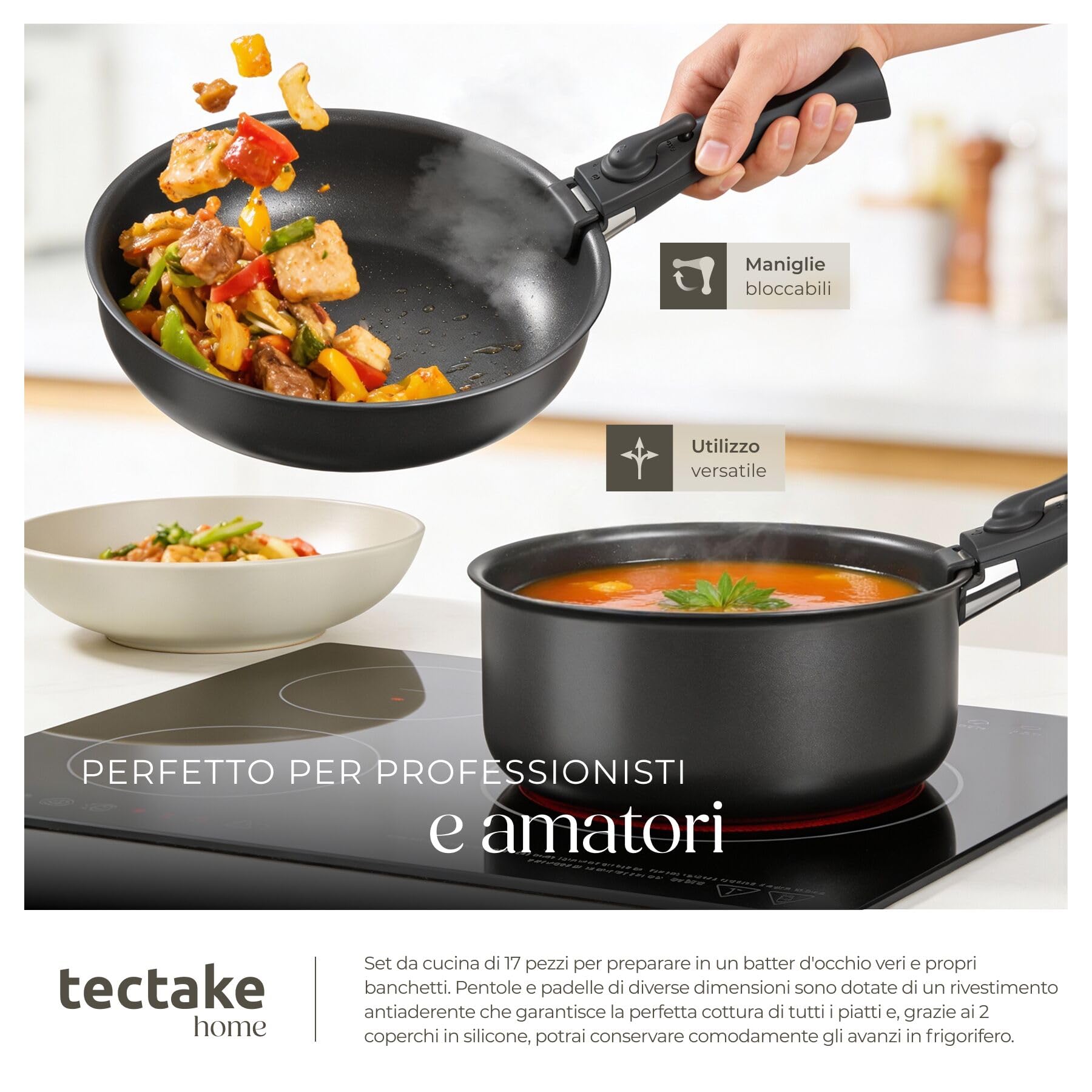 tectake® Set cucina x 6 persone 41 pezzi, stoviglie e pentole, 24 pcs tra piatti e ciotole, x microonde e lavastoviglie, 17 pcs tra padelle, grill, coperchi pentole manici removibili - Nero/Tortora