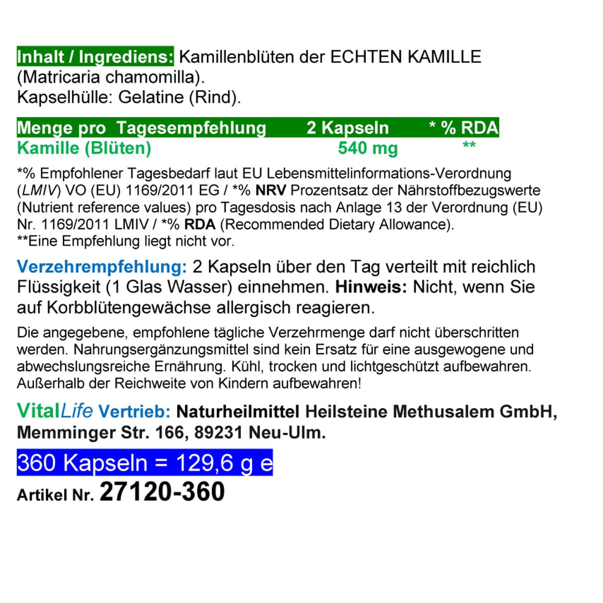 Echte KAMILLE Chamomilla Kamillenblüten 360 Kapseln - MAGEN & DARM - Adaptogen + Seelenkraut für ENTSPANNUNG. 100% NATUR PUR - OHNE ZUSATZSTOFFE. 27120-360
