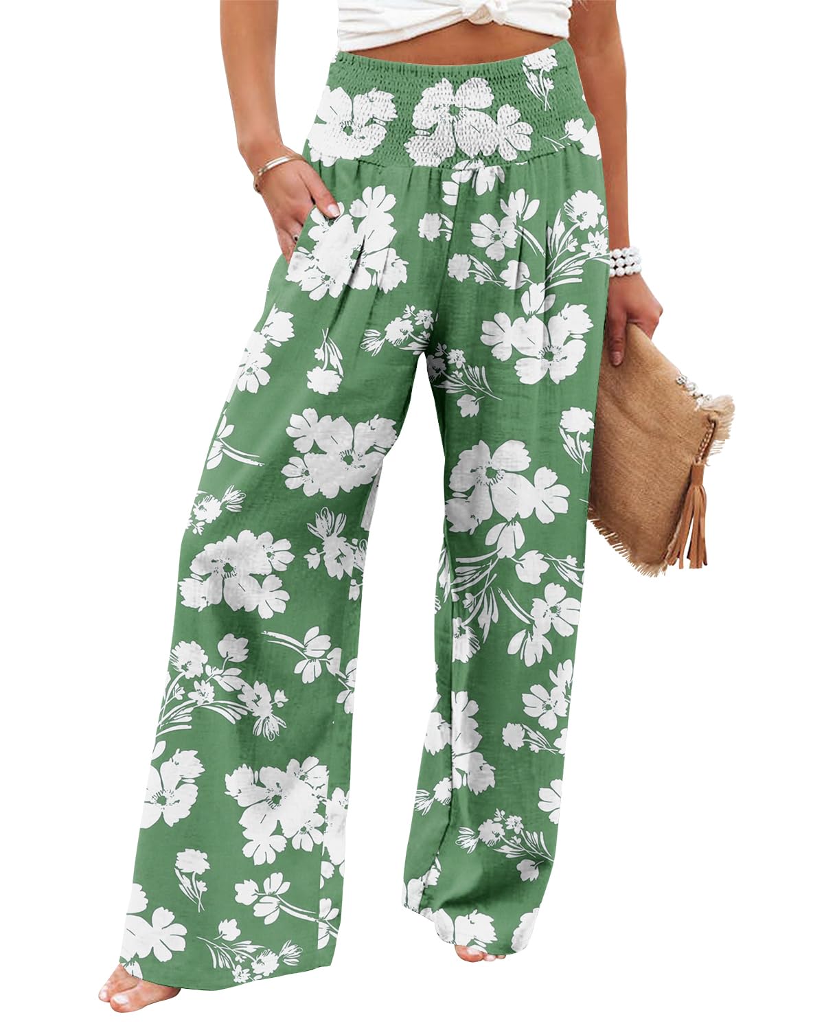 Angerella Womens Elastic High Waisted Palazzo Pants Casual Wide Leg Long Lounge Pant Trousers with Pocket