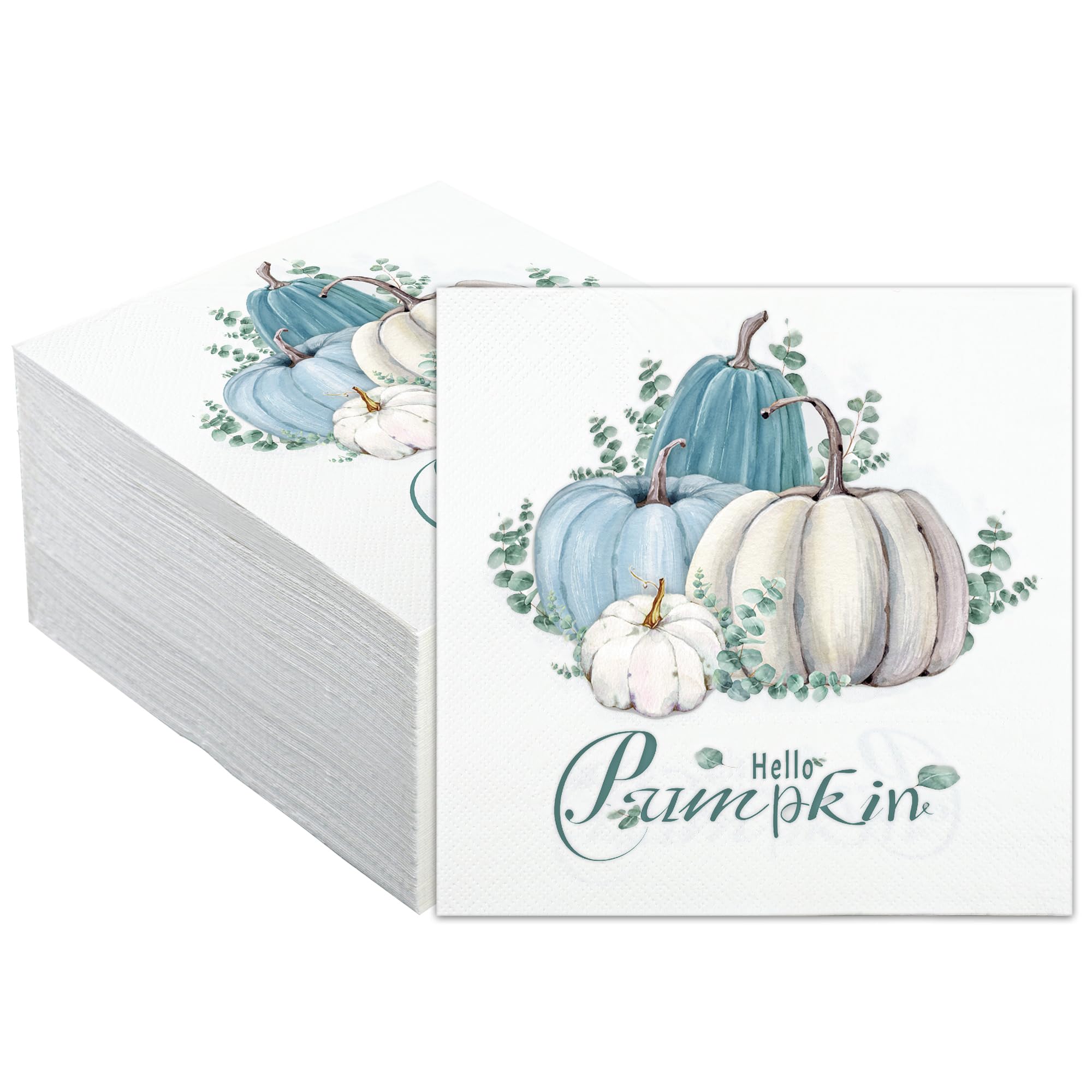120 Pack Pumpkin Paper Napkins Fall Eucalyptus Luncheon Napkins Hello Pumpkin Napkins 3-Ply Disposable Party Napkin for Thanksgiving Autumn Harvest Farmhouse, 6.5 x 6.5 Inch