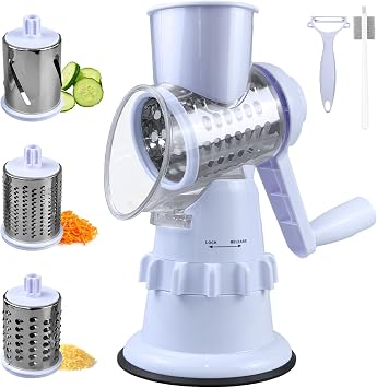 Rotary Cheese Grater, 3-in-1 Graters for Kitchen with 3 Replaceable Stainless Steel Drum Blades, Vegetable Shredder for Cheese, Vegetables, Fruits, Nuts