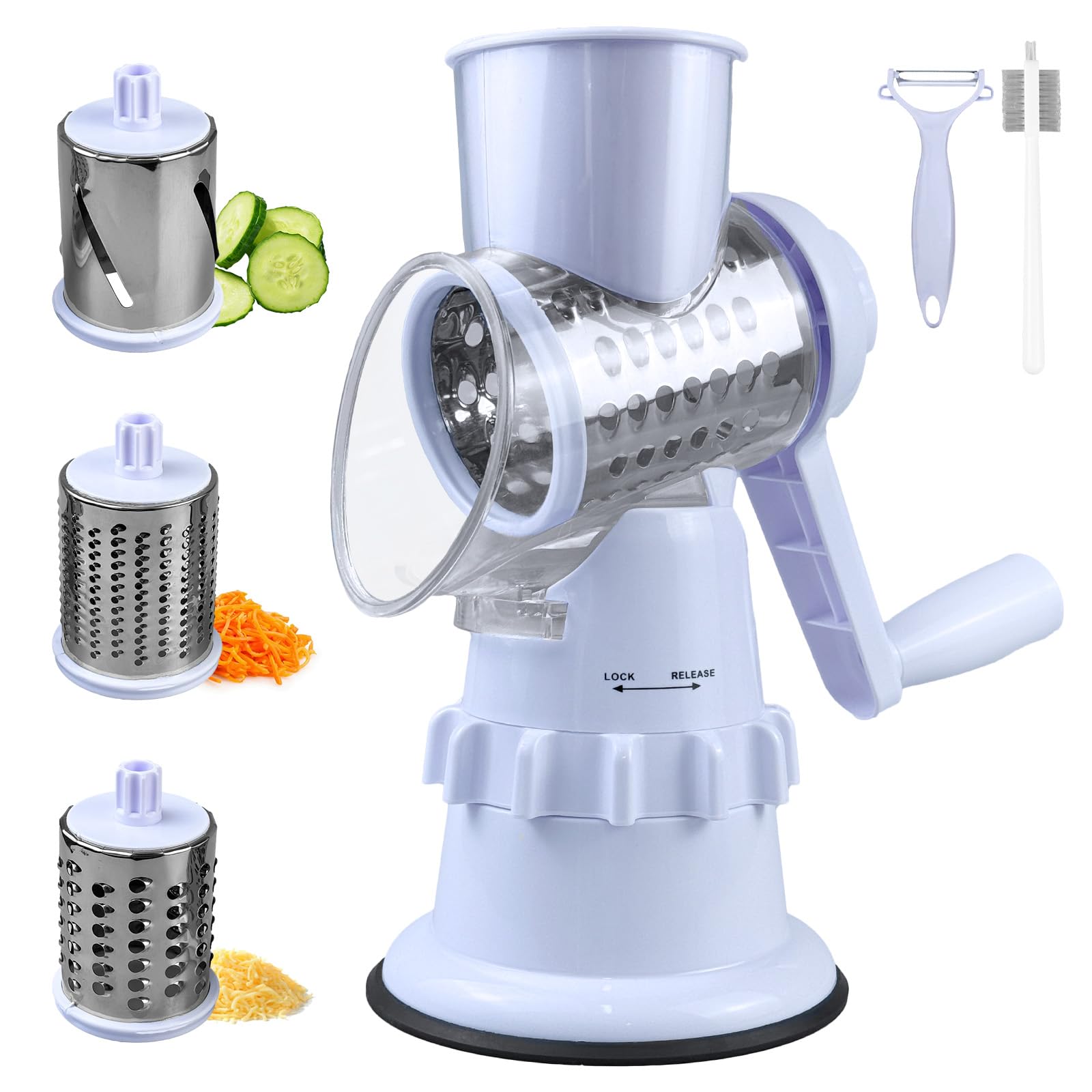 XWGKLN Rotary Cheese Grater, 3-in-1 Graters for Kitchen with 3 Replaceable Stainless Steel Drum Blades