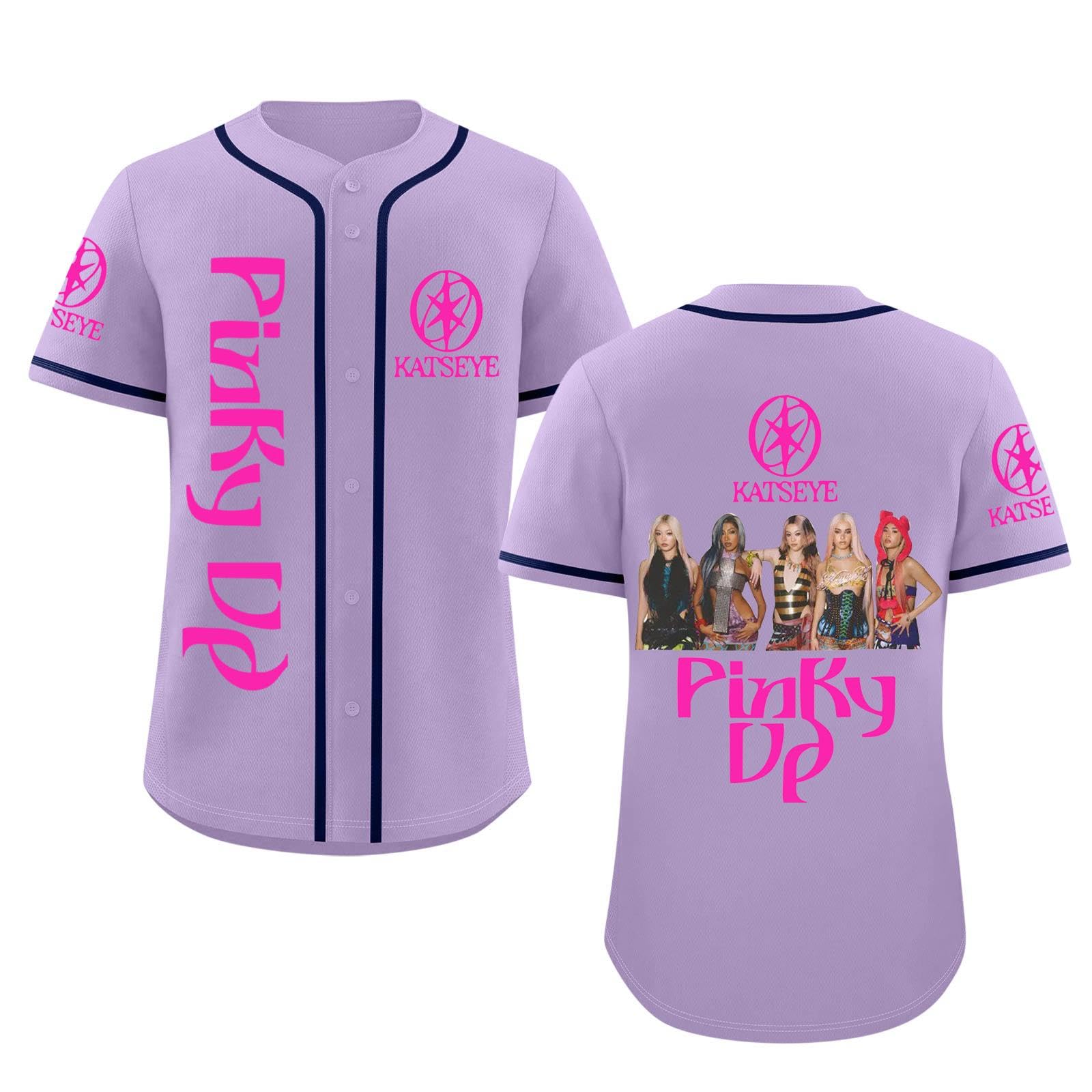 Katseye Tshirt Beautiful Chaos Album Pinky up Baseball Jersey Short Sleeve Button Down Casual Hip Hop Katseye Merch Baseball Jersey for Fans Men Women 02-Purple XXL