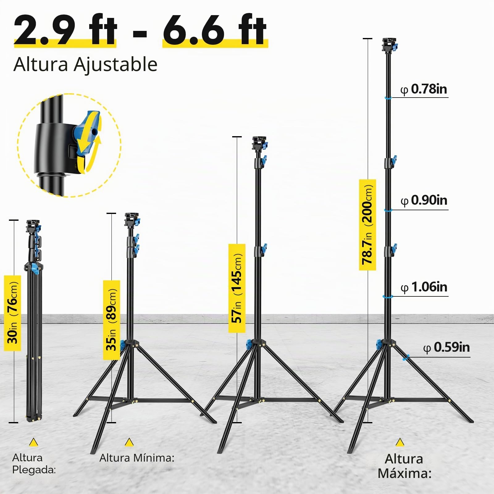 EMART Soporte de Luz 200cm, Trípode para Fotografía de Estudio Ligero con Cabeza Giratoria de 1/4 " y Rotación de 180 Grados, 2,3 kg, Light Stand para Luces Anulares, Cámaras(Negro, 2 Pcs)
