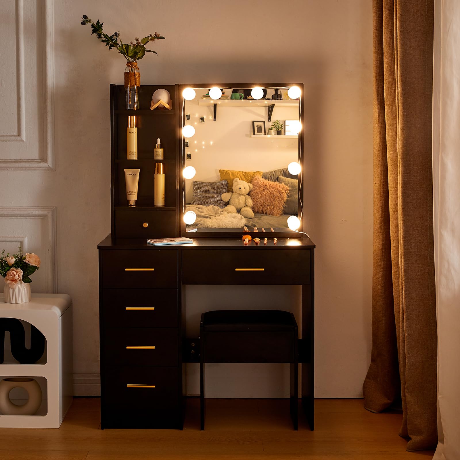 Erganza Make-uptafel met ledverlichting en spiegel, kaptafel met kruk