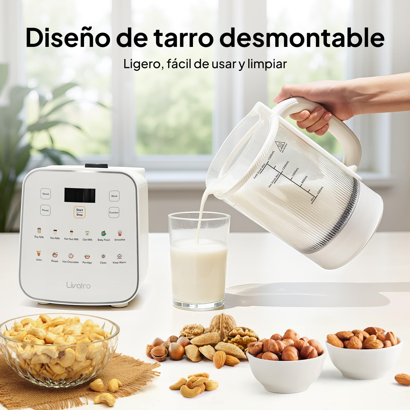 Máquina para leche vegetal 1,5 L 12‑en‑1,fabricante de leche de soja automático,diseño desmontable,leche de almendra/avena y jugos,inicio diferido 24 h,mantener caliente,autolimpieza