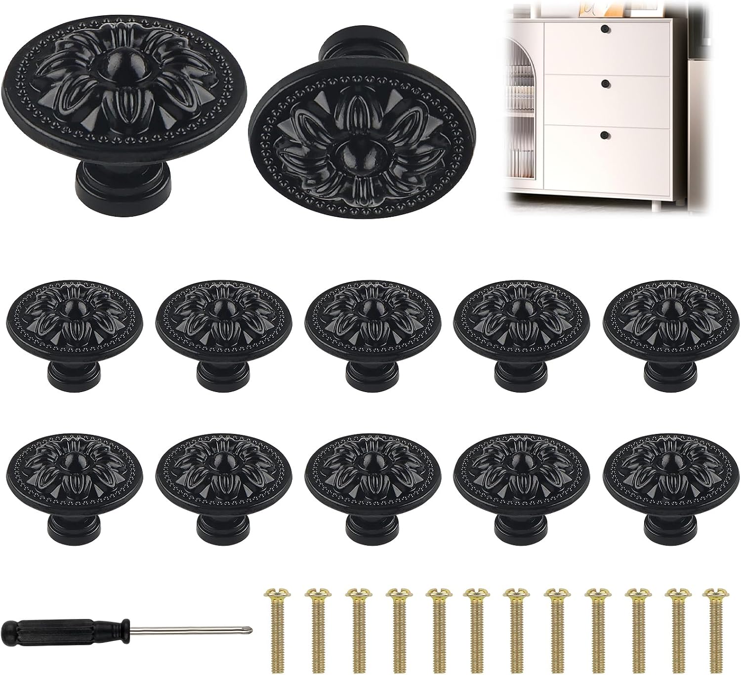 Pack of 12 Vintage Furniture Handles, 30 mm Round Furniture Knobs with Screws Screwdriver, Floral Pattern Cabinet Knobs - Used for Cupboards, Wardrobes, Furniture and Hardware Handles (Black