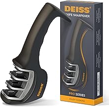 Deiss PRO 3 Stage Kitchen & Pocket Knife Sharpener - Professional Grade Manual Knife Blade Sharpener for Kitchen, Hunting and Ceramic Knives (SILVER)