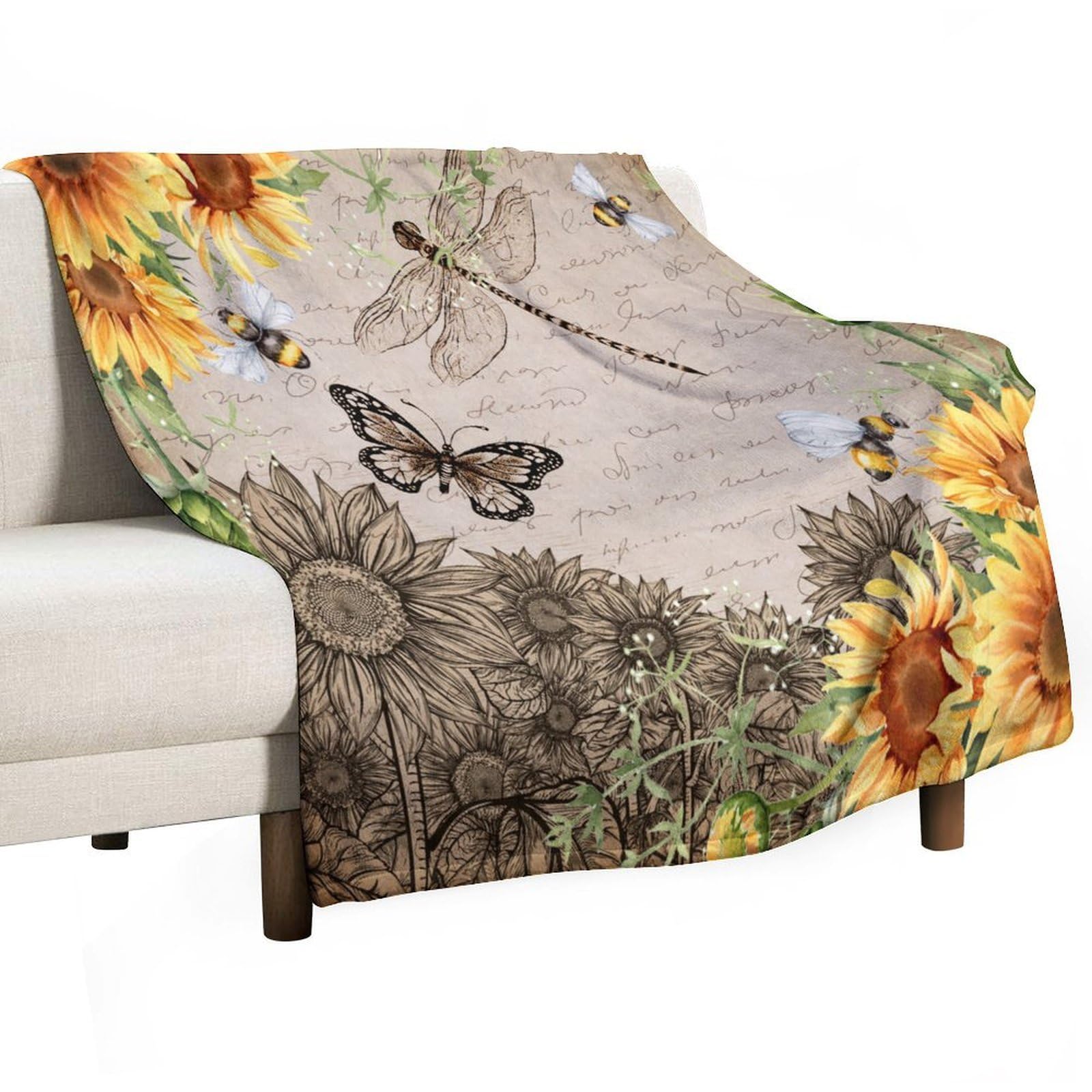 Rustic Sunflower Blanket Farmhouse Vintage Yellow Floral Dragonfly Country Retro for Adults Women Men Soft Cozy Warm Plush Fluffy Fuzzy Fleece Blanket Birthday 50"x60"