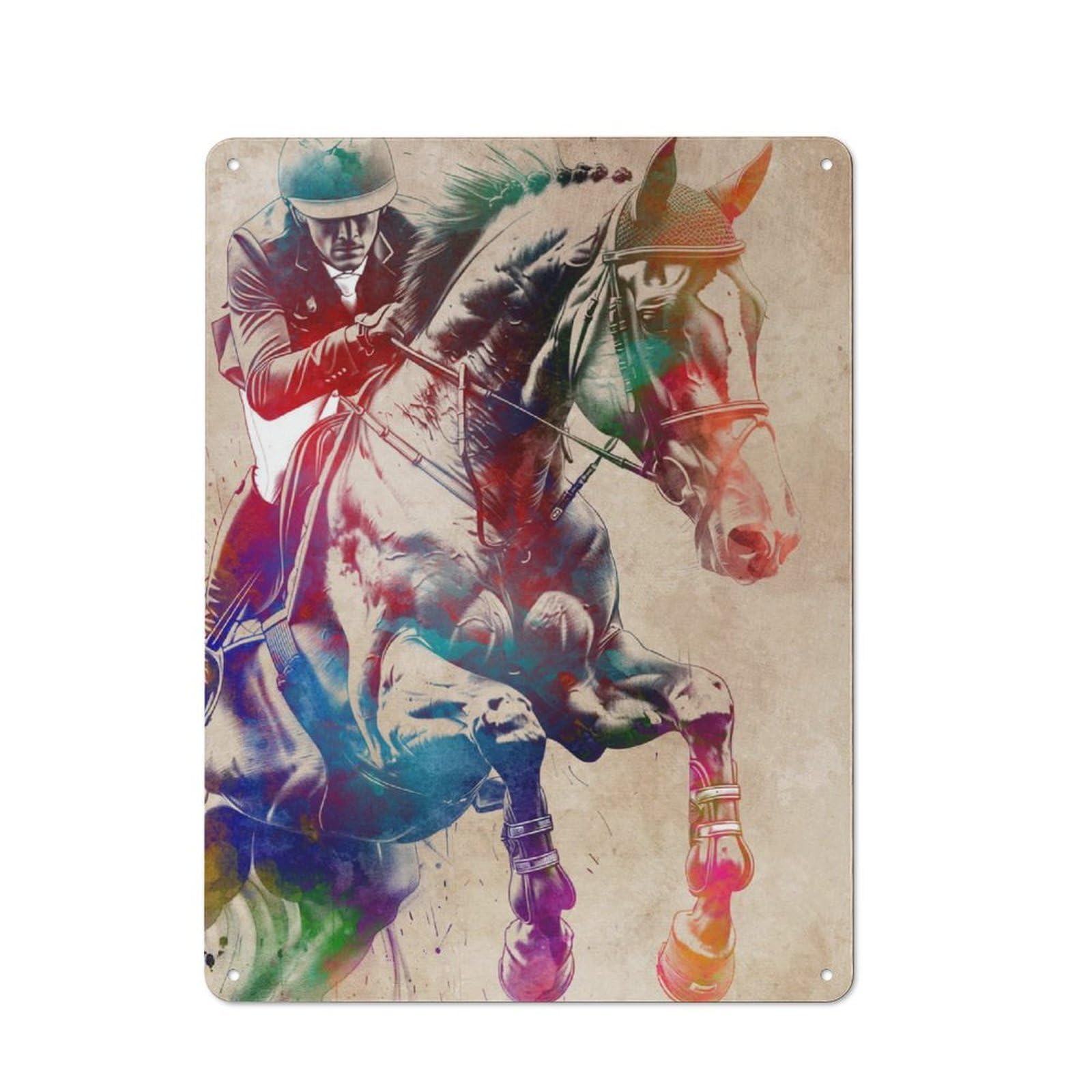 Junmoney Horse Jumping Watercolor Metal Plaque 40X30cm With For Pub Or Café, Retro Decor, For Pub Decor Enthusiasts Refreshing A Room In Autumn