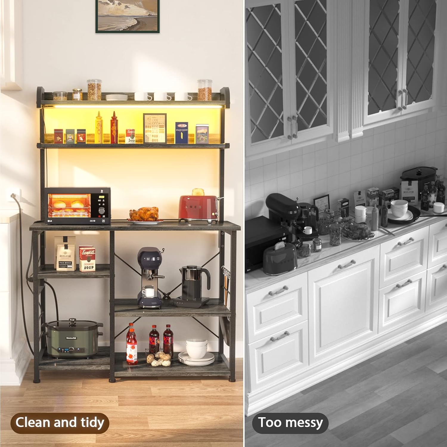 Topfurny Bakers Rack with Power Outlets and Led Lights, Coffee Station