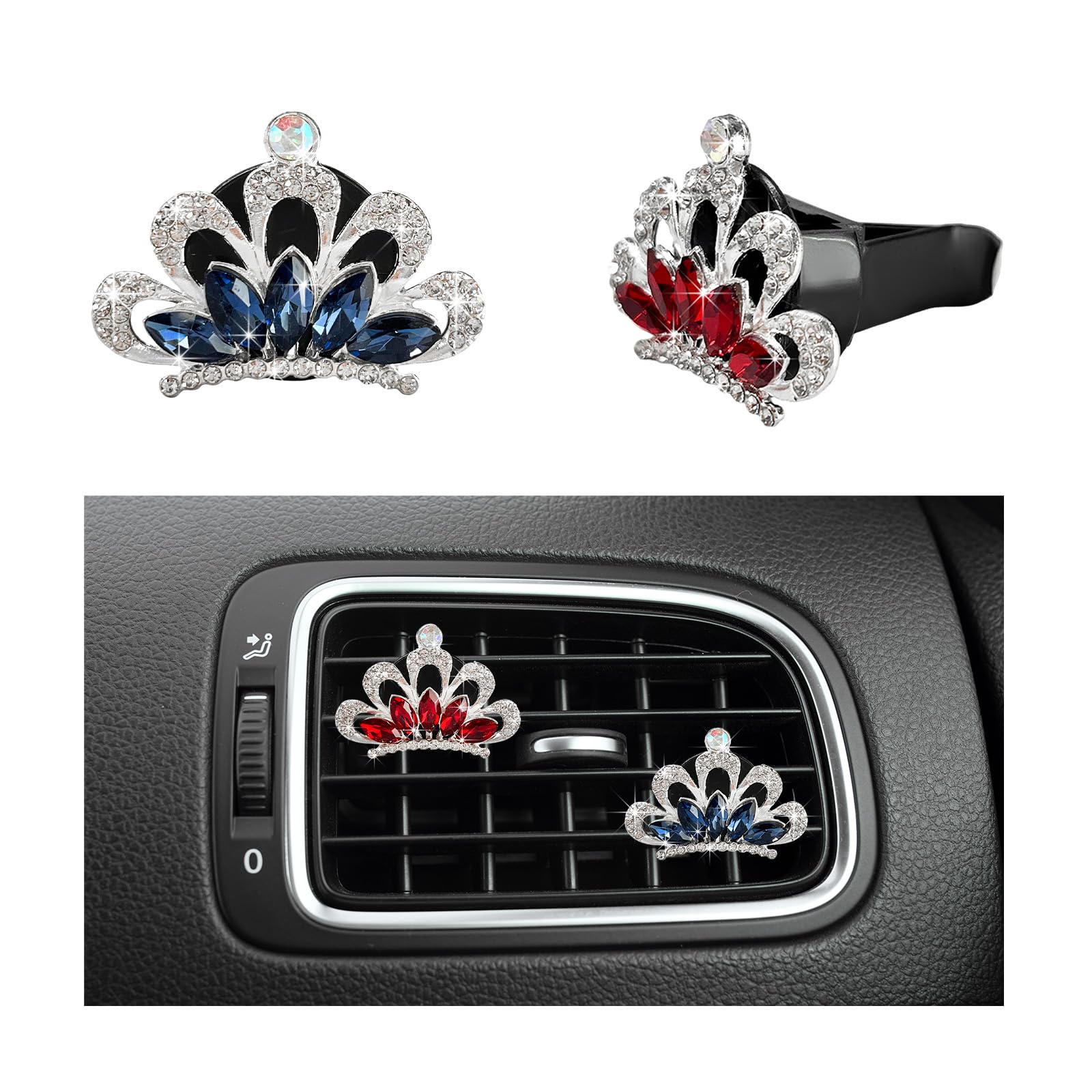 Yourkar 2 PCS Bling Car Air Vent Clips, Crystal Rhinestone Crown Vent Decorative Air Freshener Clips, Sparkly Diamond A/C Outlet Aroma Diffuser Clip for Vehicles, Car Accessories (Blue+Red)