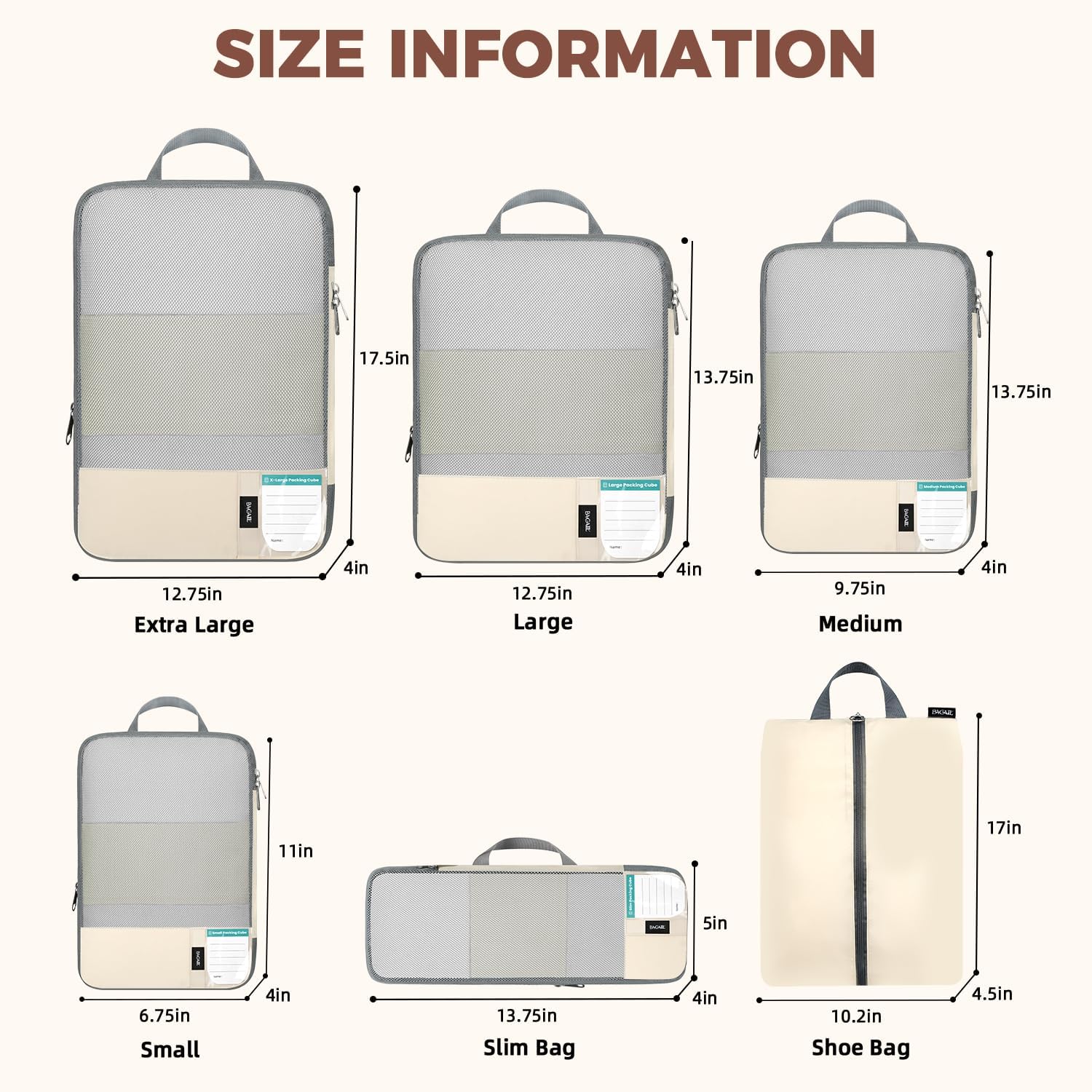 BAGAIL 6 Set Lightweight Compression Packing Cubes with Packing List, Anti-Tearing Expandable Organizer Bags for Travel, Beige - Image 5