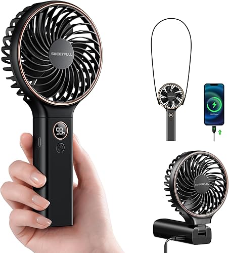 SWEETFULL Handheld Portable Fan, 5000mAh Rechargeable Battery, 6 Speed Wind, LED Digital Display, Foldable Electric Personal Mini Travel Fan with
