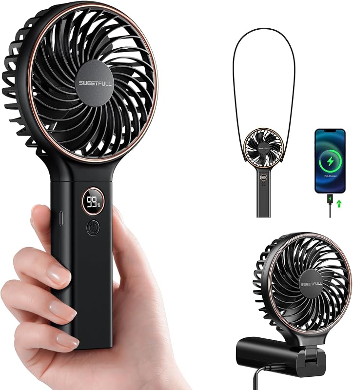 SWEETFULL Ventilador portátil de mano, batería recargable de 5000 mAh, viento de 6 velocidades, pantalla digital LED, mini ventilador de viaje eléctrico plegable con energía de respaldo, regalos esenciales de verano para mujeres y niñas