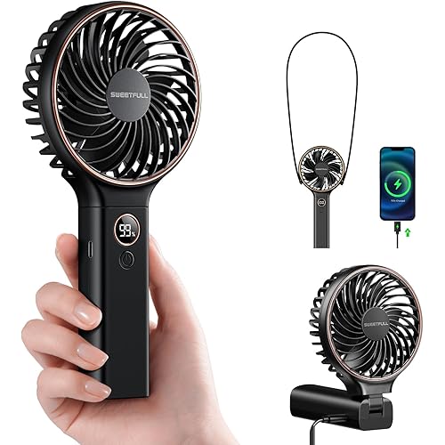 SWEETFULL Handheld Portable Fan, 5000mAh Rechargeable Battery, 6 Speed Wind, LED Digital Display, Foldable Electric Personal Mini Travel Fan with Backup Power, Summer Essentials Gifts for Women Girl
