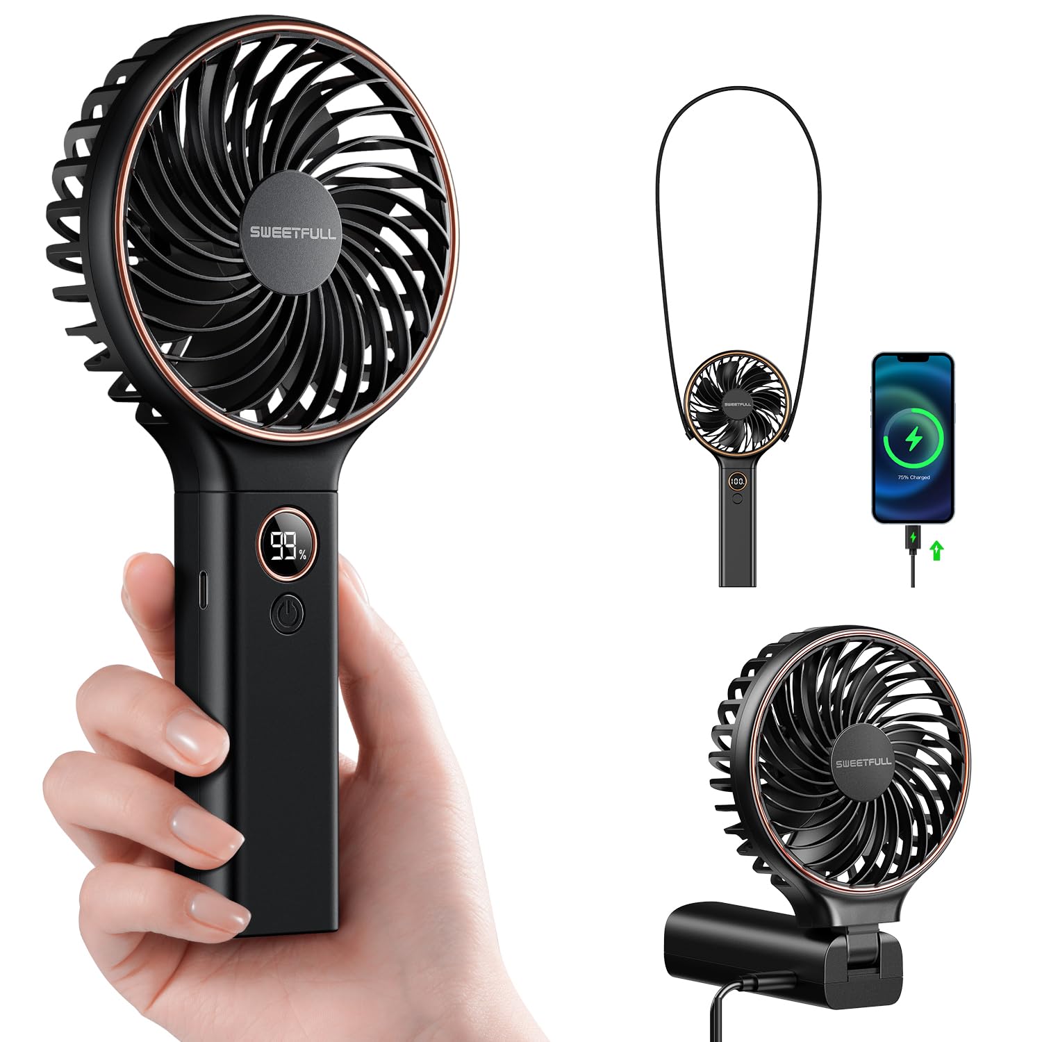 SWEETFULL Handheld Portable Fan 5000mAh Rechargeable Battery 6 Speed Wind LED Digital Display Foldable Electric Personal Mini Travel