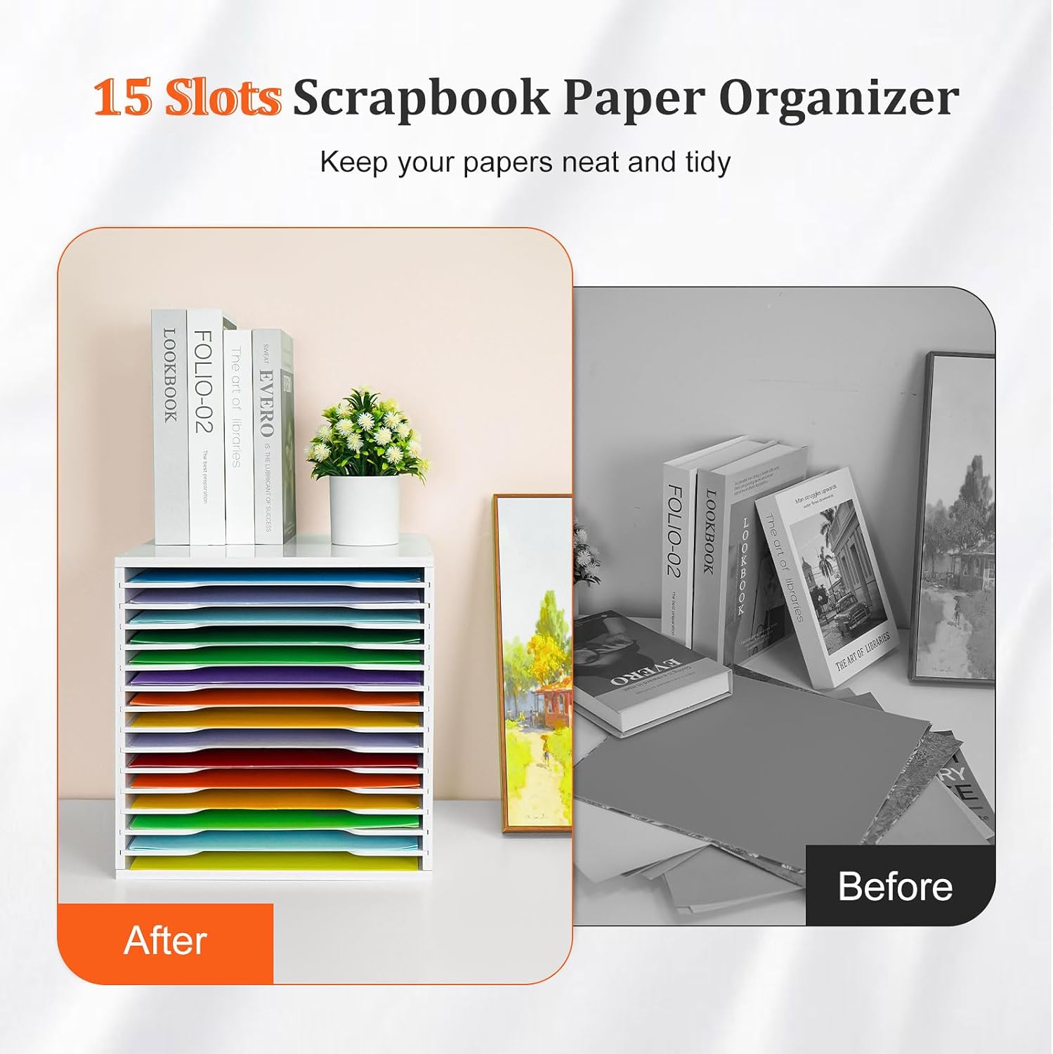 SANFURNEY 15 Tier Scrapbook Paper Organizer for Sizes 12" x 12", File Sorter Storage, Document Holder, Desktop Scrapbook Paper Organizer Rack for Home Office School Christmas