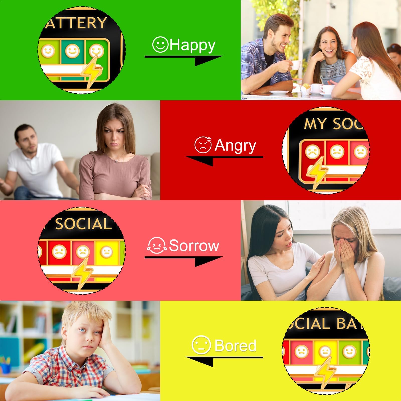 My Social Battery Pins, 6 szt. broszka do konwersji nastroju, przypinka do baterii społecznej, przypinka z przesuwaną regulowaną zabawną społeczną plakietką na baterię, kreatywny śledzenie nastroju,