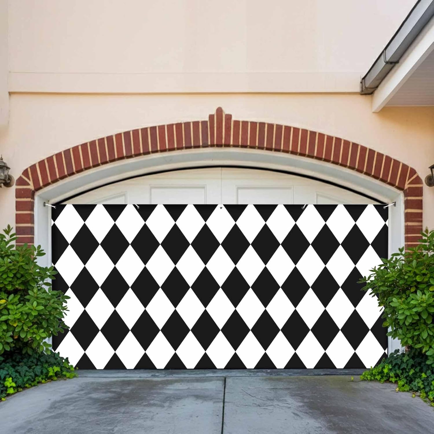 Black Diamond Plaid Garage Door Banner Decorations 6.9 x 8ft White Geometric Check Abstract Modern Large Garage Door Covers Decorative Backdrop Banners for Indoor Outdoor Photography Background