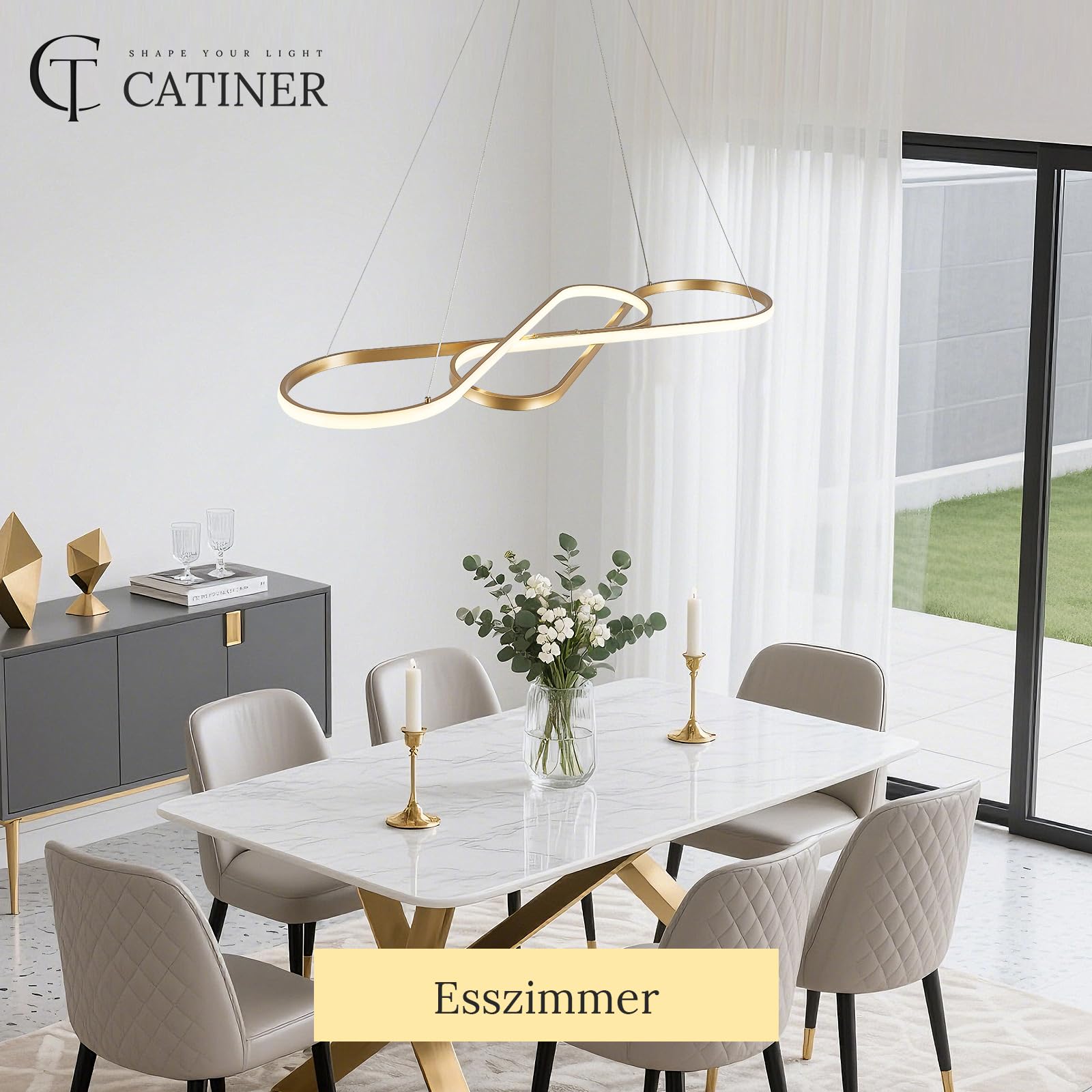 CATINER Moderner LED Hängeleuchte Gold Esszimmer Pendelleuchten 80cm Dimmbar LED Kronleuchter mit Fernbedienung Kücheninsel Linear Hängelampe für Wohnzimmer Hohe Decken 50W