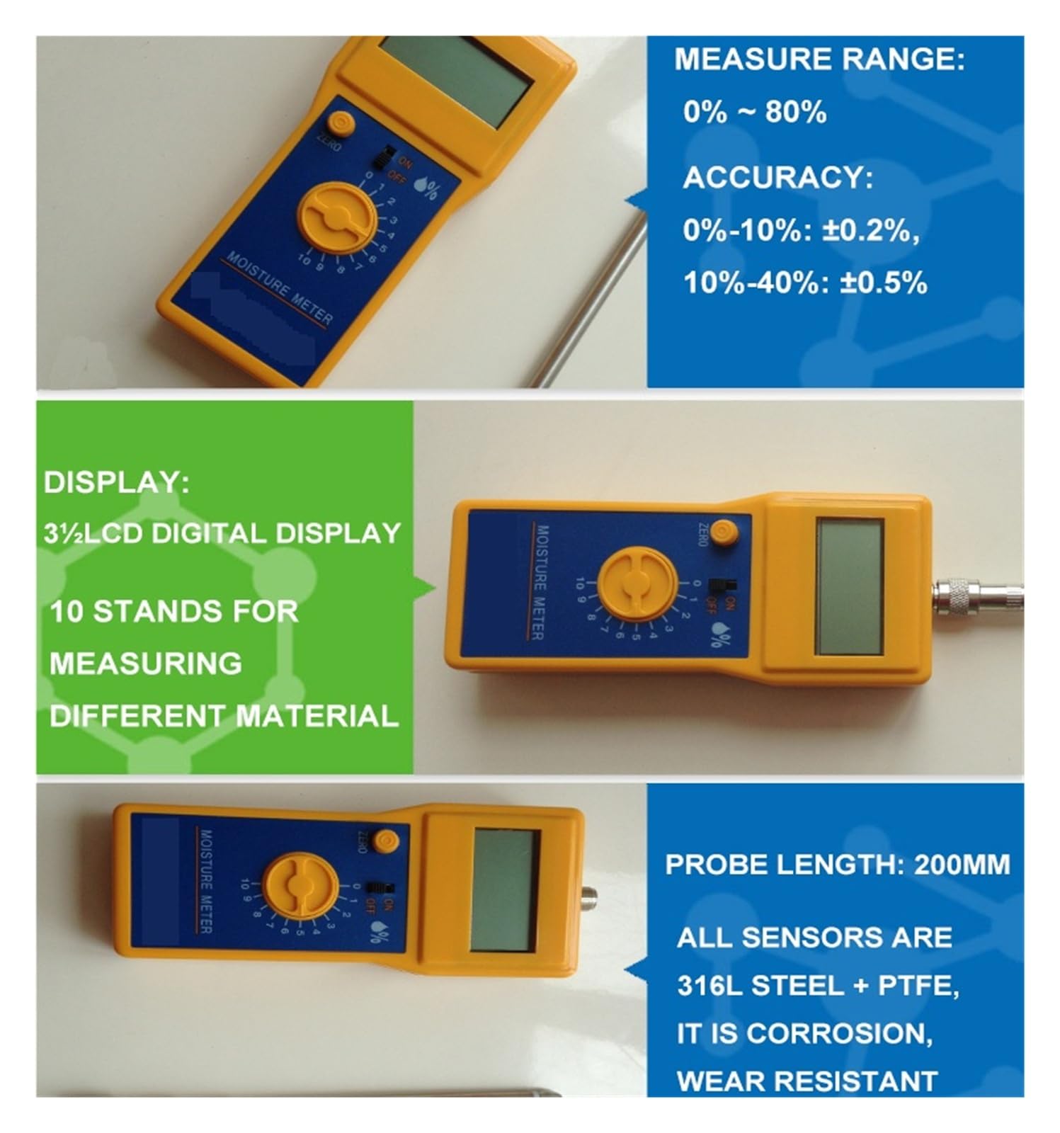 Medidor de humedad digital de 0 a 80% con sonda de 20 cm y pantalla LCD for frutas secas, pan y más. Lecturas precisas