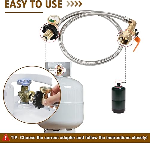 Vista 13 de PAMASE Manguera adaptadora de repuesto de propano para tanques de 1 libra, manguera de extensión QCC1 de 36 pulgadas con 4 tapas de latón, llena